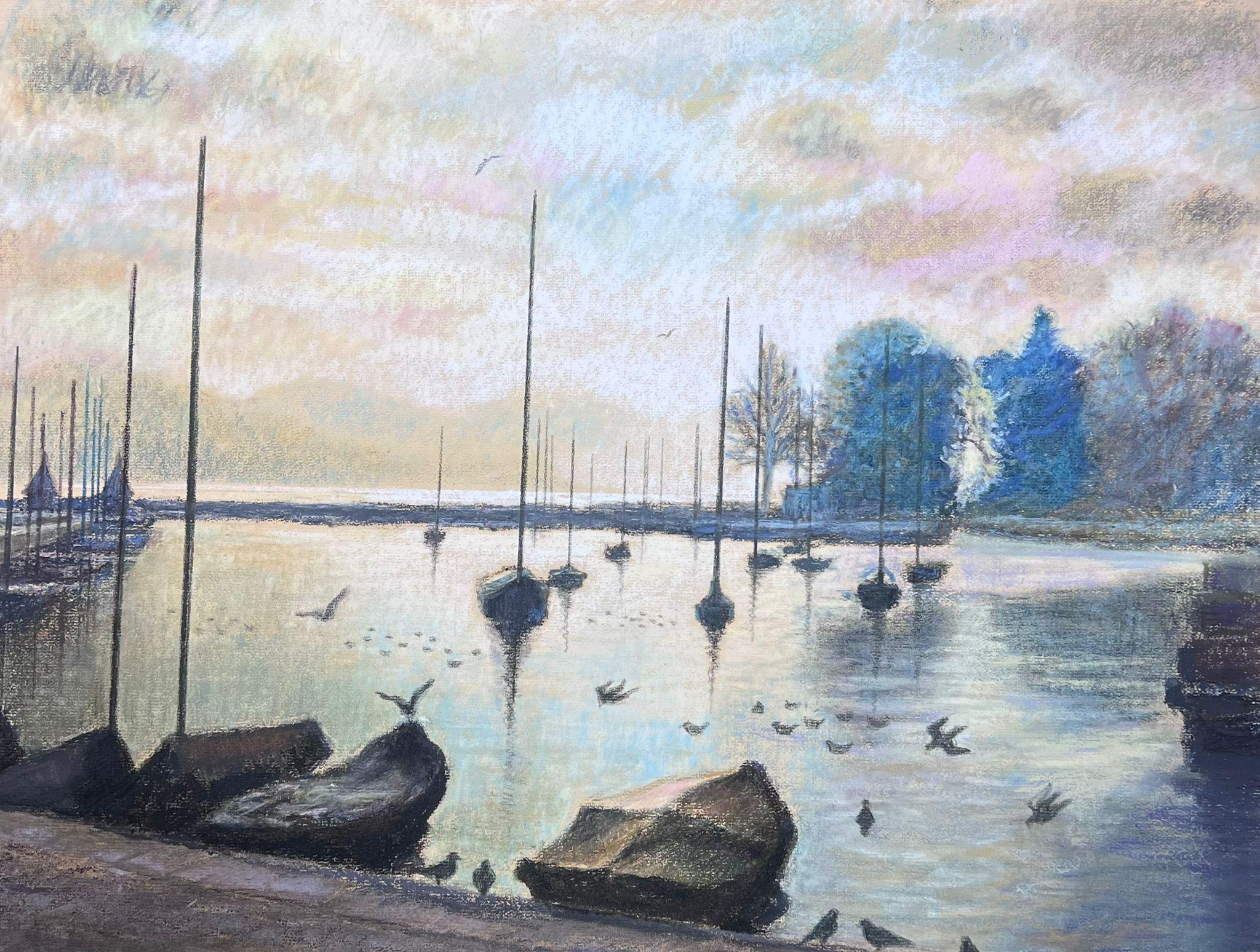 Josine Vignon Landscape Painting - Birds Flying Over Dappled Light Over Still Harbour 1970s French Pastel Landscape