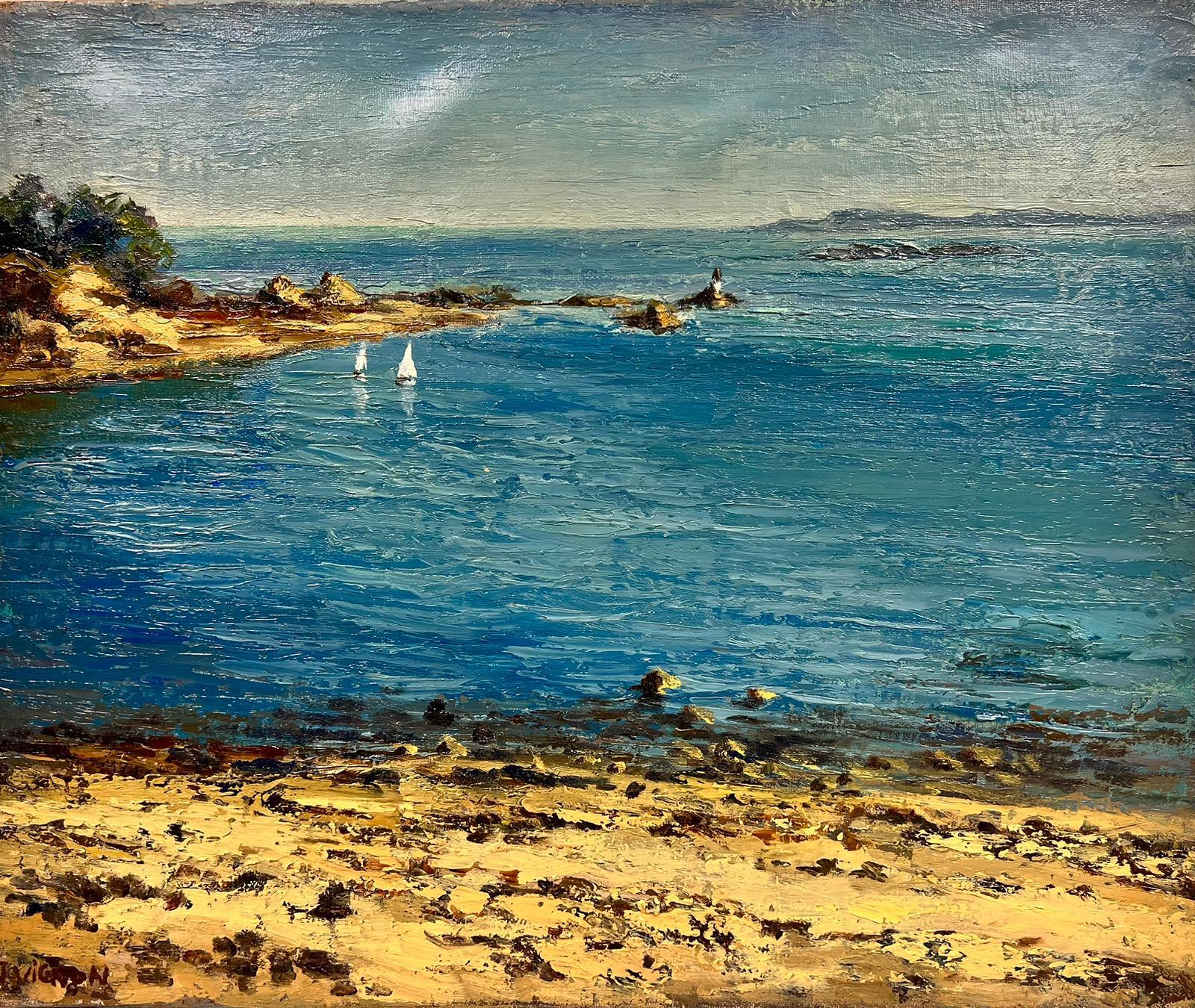 Landscape Painting Josine Vignon - Les mers bleues de la cte sud de la Bretagne Post-impressionniste franaise  Huile signe 