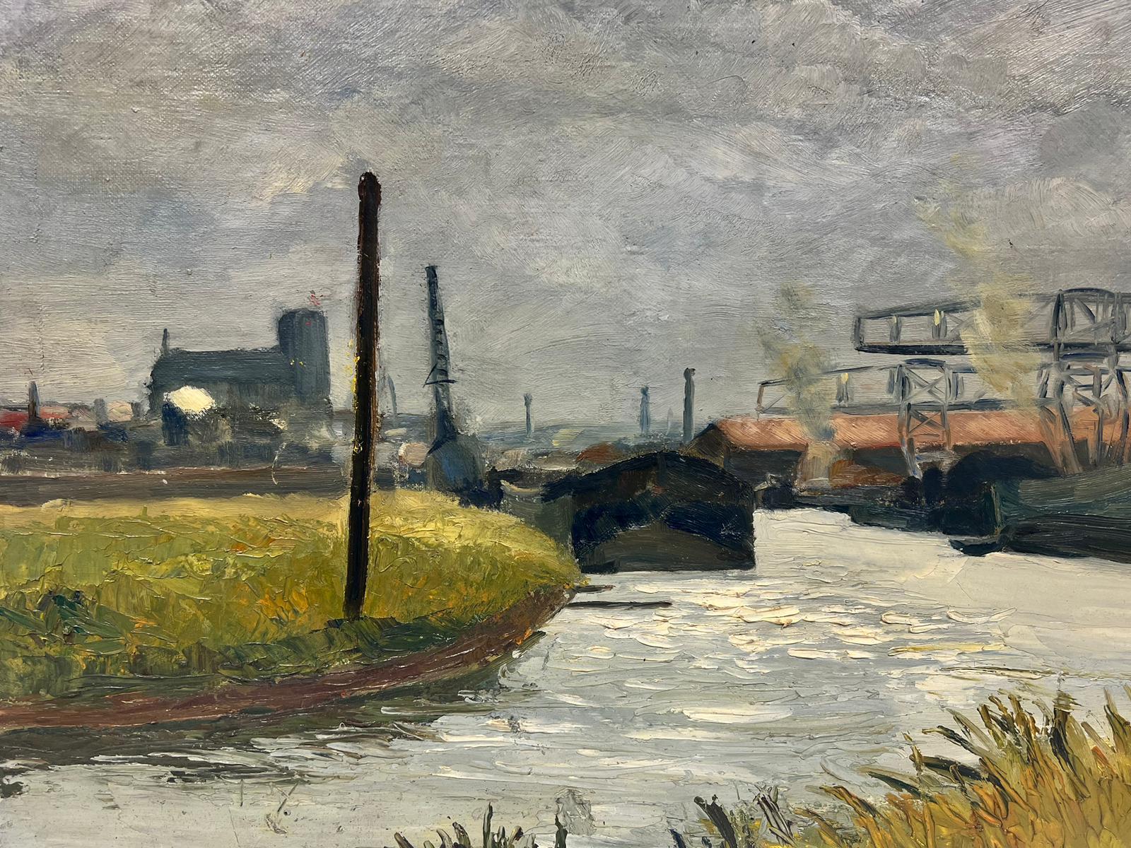 Boat and Factory Cloudy Landscape Post Impressionist Signed Oil  - Post-Impressionist Painting by Josine Vignon