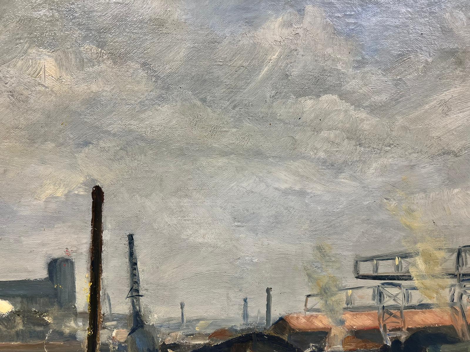 Down By The Factories
by Josine Vignon (French 1922-2022)
signed on front and back
oil painting on canvas, unframed

canvas: 20 x 24 inches


Colors: Grey colors, green, blue, white and orange

Very good condition

Provenance: from the artists