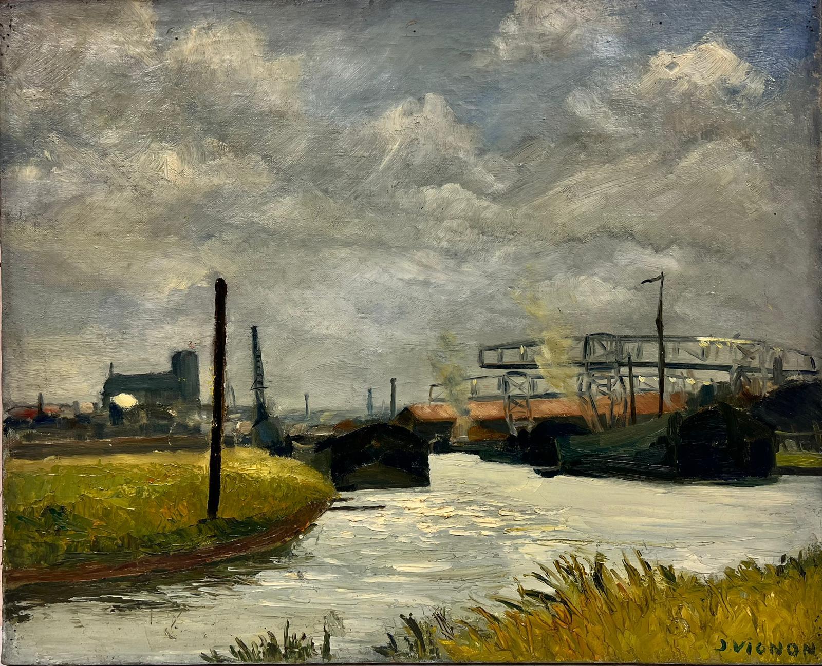 Josine Vignon Landscape Painting - Boat and Factory Cloudy Landscape Post Impressionist Signed Oil 