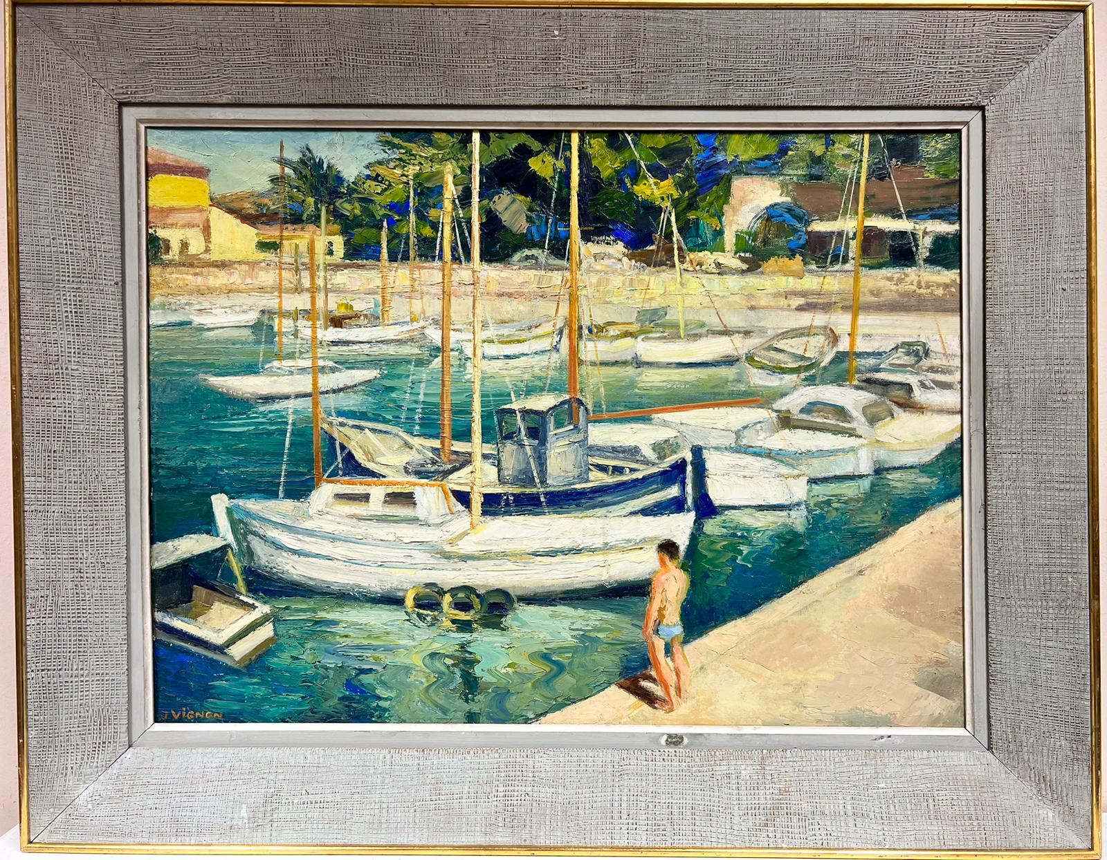Boats in Mediterranen Hafen, Groes franzsisches postimpressionistisches lgemlde, signiert, 20. Jahrhundert – Painting von Josine Vignon