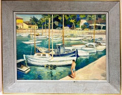 Boats in Mediterranean Harbour Large 20thC French Post Impressionist Signed Oil