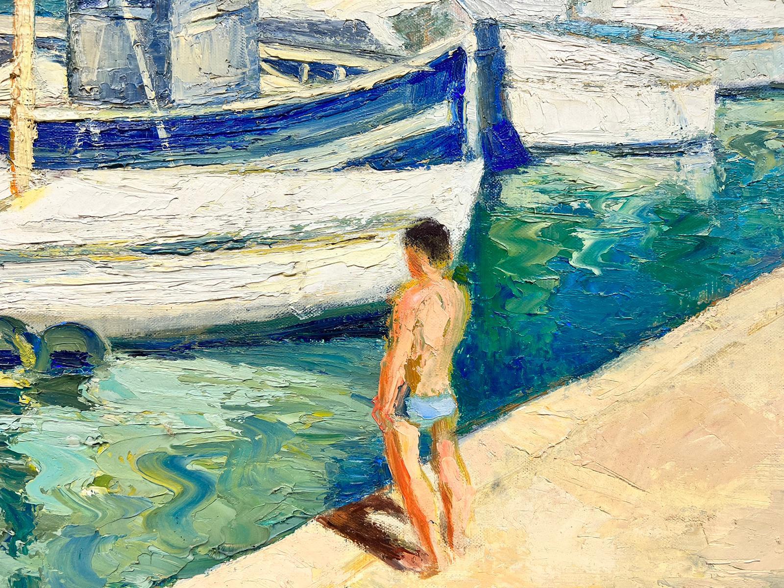 Boats in Mediterranen Hafen, Groes franzsisches postimpressionistisches lgemlde, signiert, 20. Jahrhundert (Post-Impressionismus), Painting, von Josine Vignon