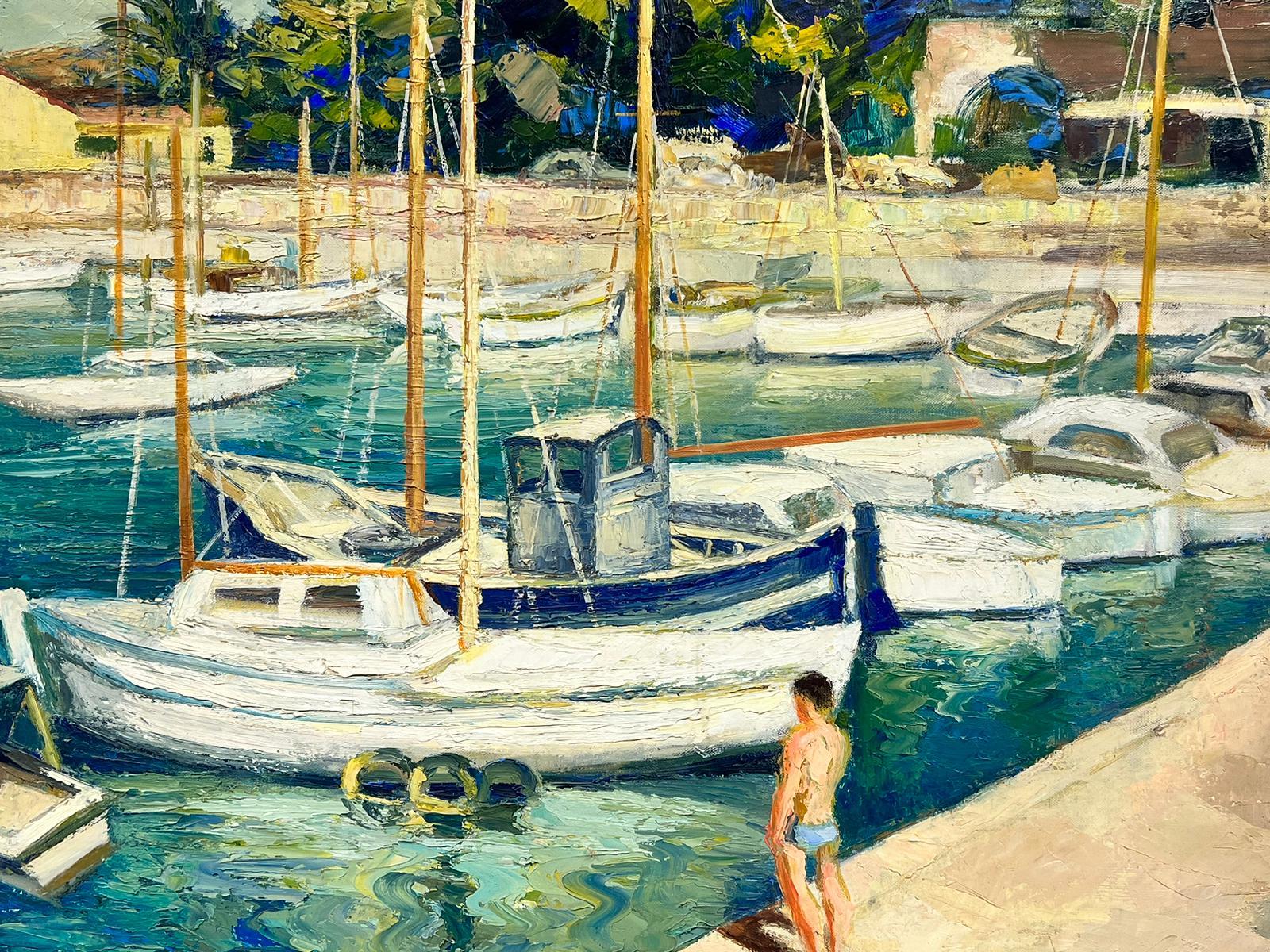Boats in Mediterranen Hafen, Groes franzsisches postimpressionistisches lgemlde, signiert, 20. Jahrhundert (Beige), Figurative Painting, von Josine Vignon