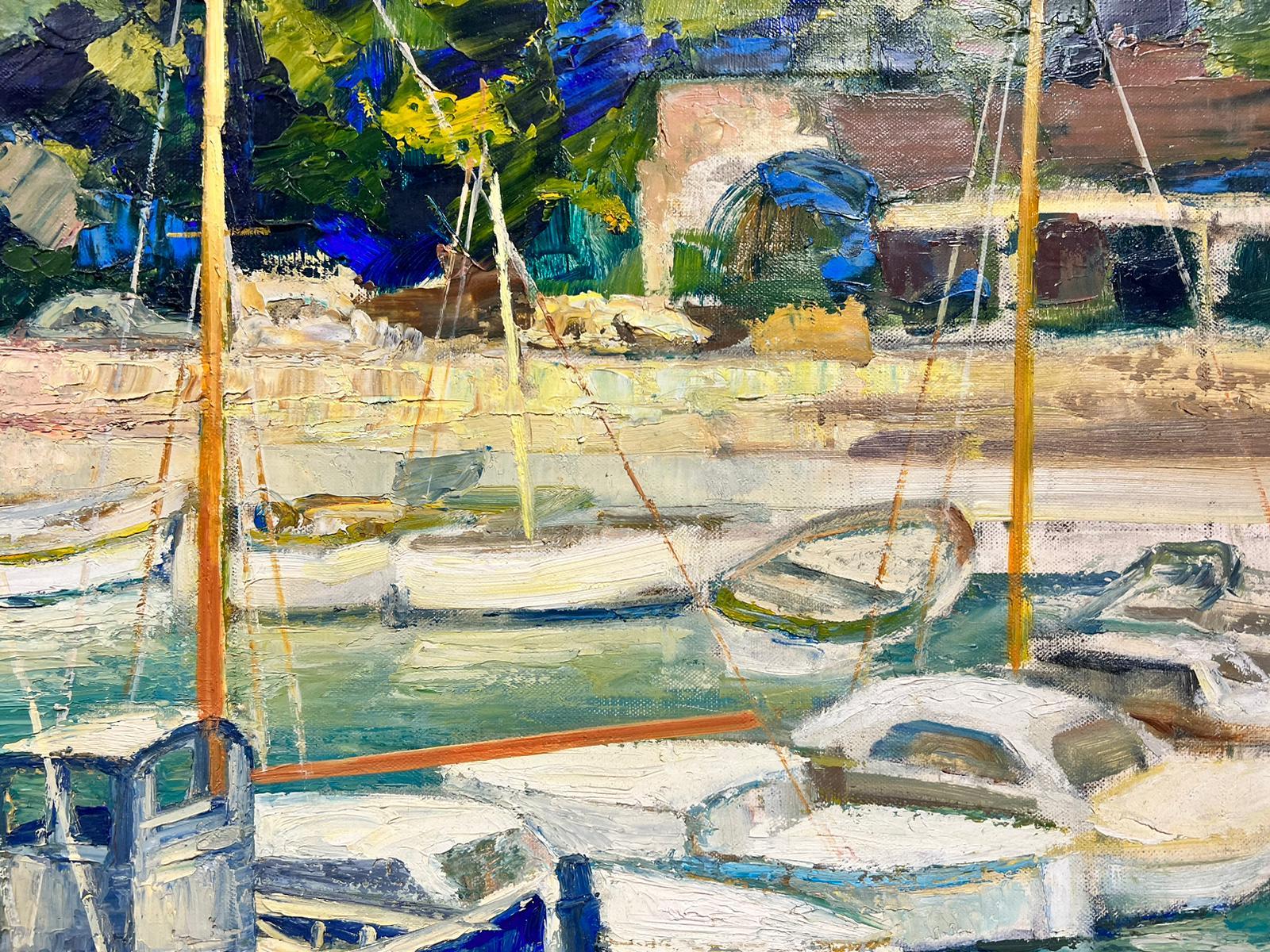 Boats in Mediterranen Hafen, Groes franzsisches postimpressionistisches lgemlde, signiert, 20. Jahrhundert 2