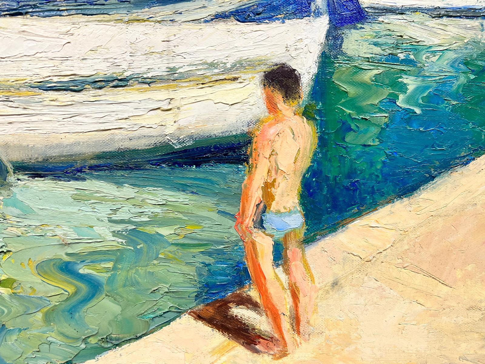 Boats in Mediterranen Hafen, Groes franzsisches postimpressionistisches lgemlde, signiert, 20. Jahrhundert 3