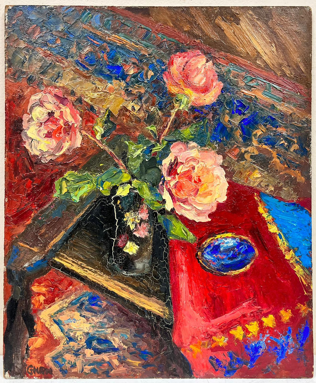 Bright and Vibrant Light Pink Dog Roses Thick Oil Impasto Still Life - Painting by Josine Vignon