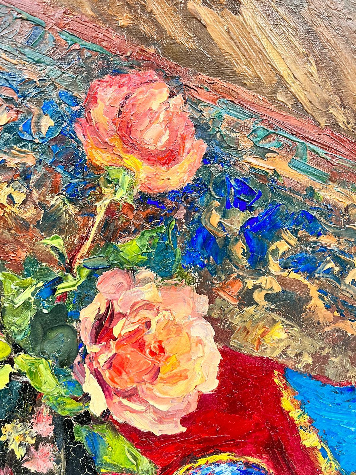 Bright and Vibrant Light Pink Dog Roses Thick Oil Impasto Still Life - Post-Impressionist Painting by Josine Vignon