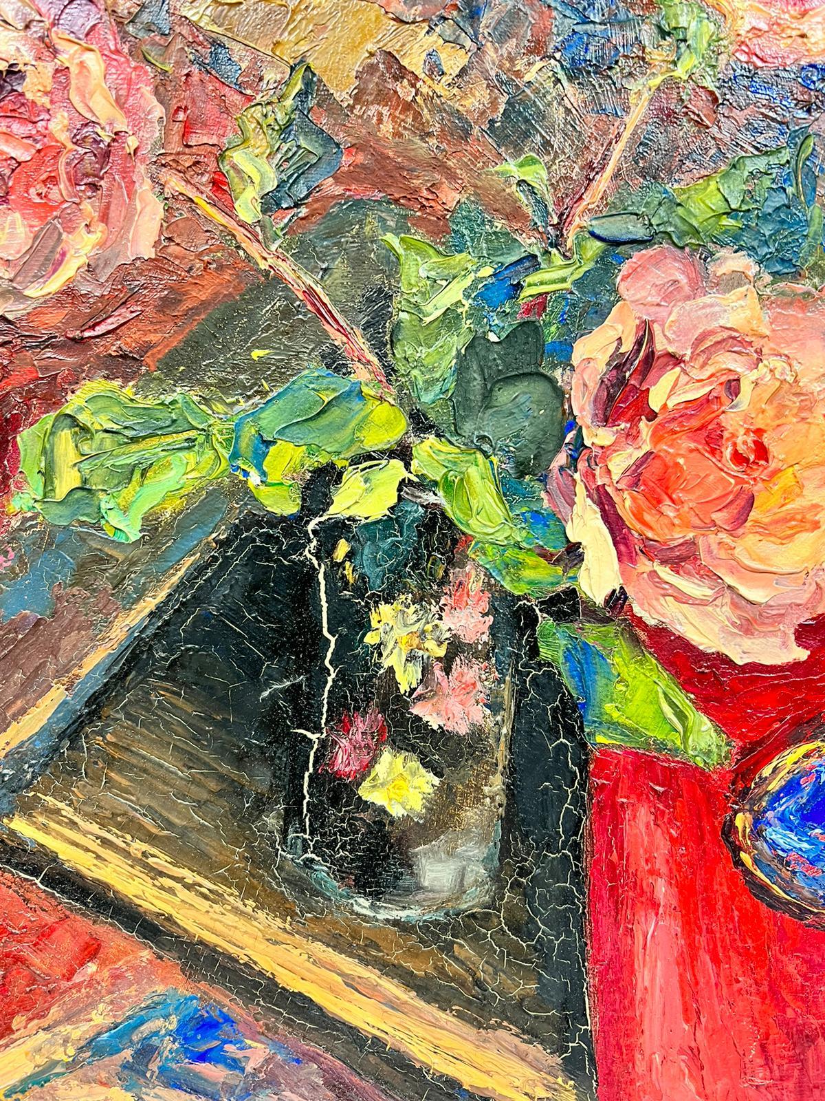 Bright and Vibrant Light Pink Dog Roses Thick Oil Impasto Still Life For Sale 3