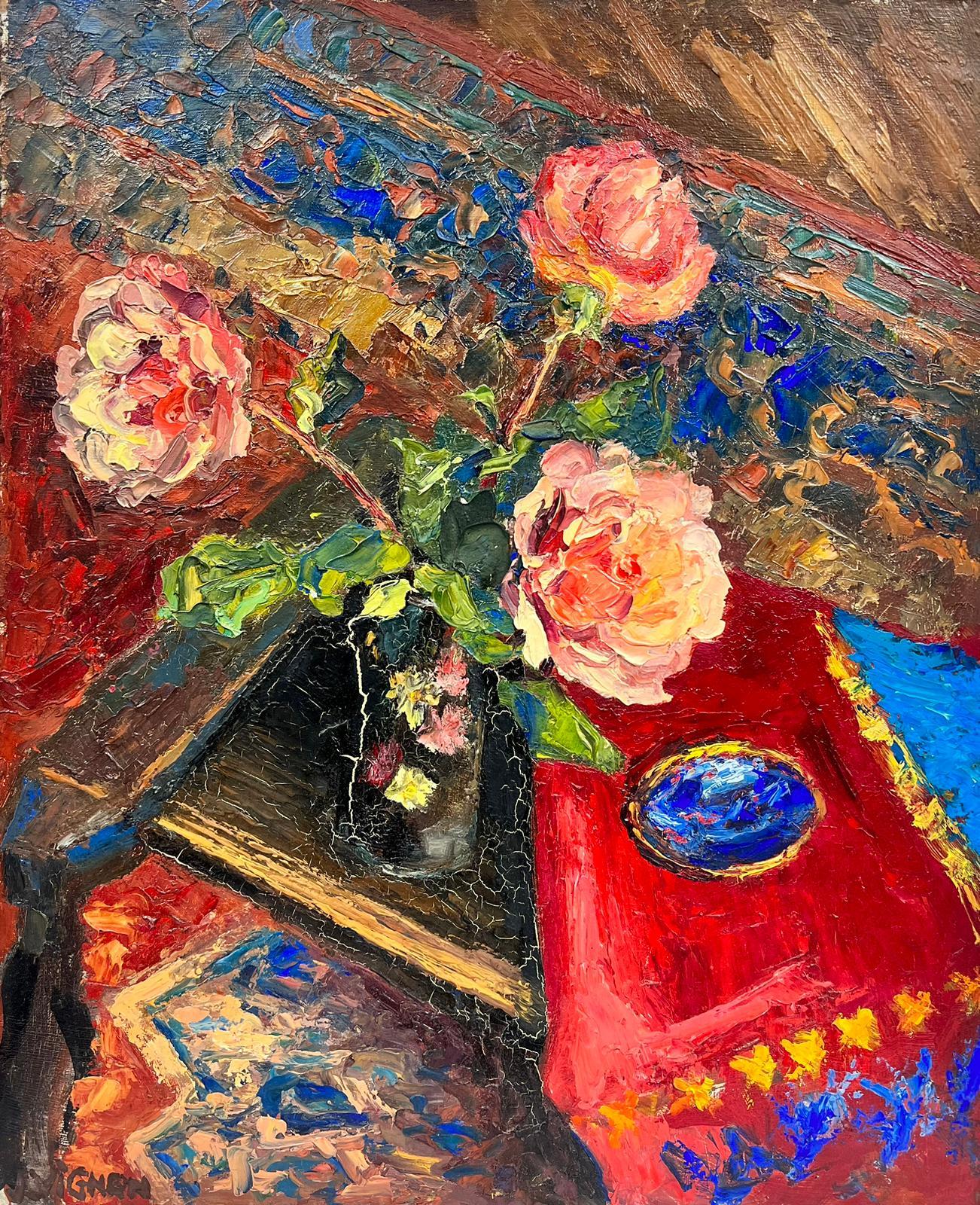 Josine Vignon Figurative Painting - Bright and Vibrant Light Pink Dog Roses Thick Oil Impasto Still Life