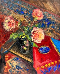 Bright and Vibrant Light Pink Dog Roses Thick Oil Impasto Still Life