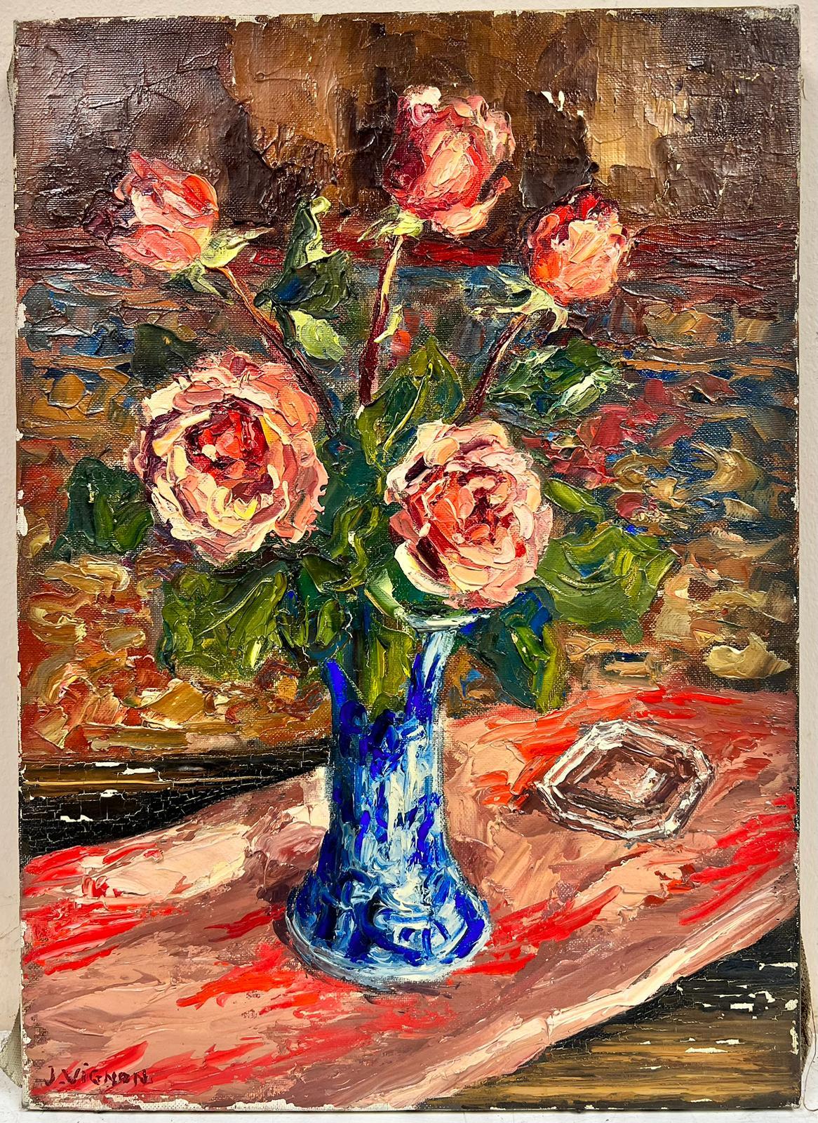Bright Pink Roses In Blue Vase Post Impressionist Signed Thick Oil Impasto - Painting by Josine Vignon