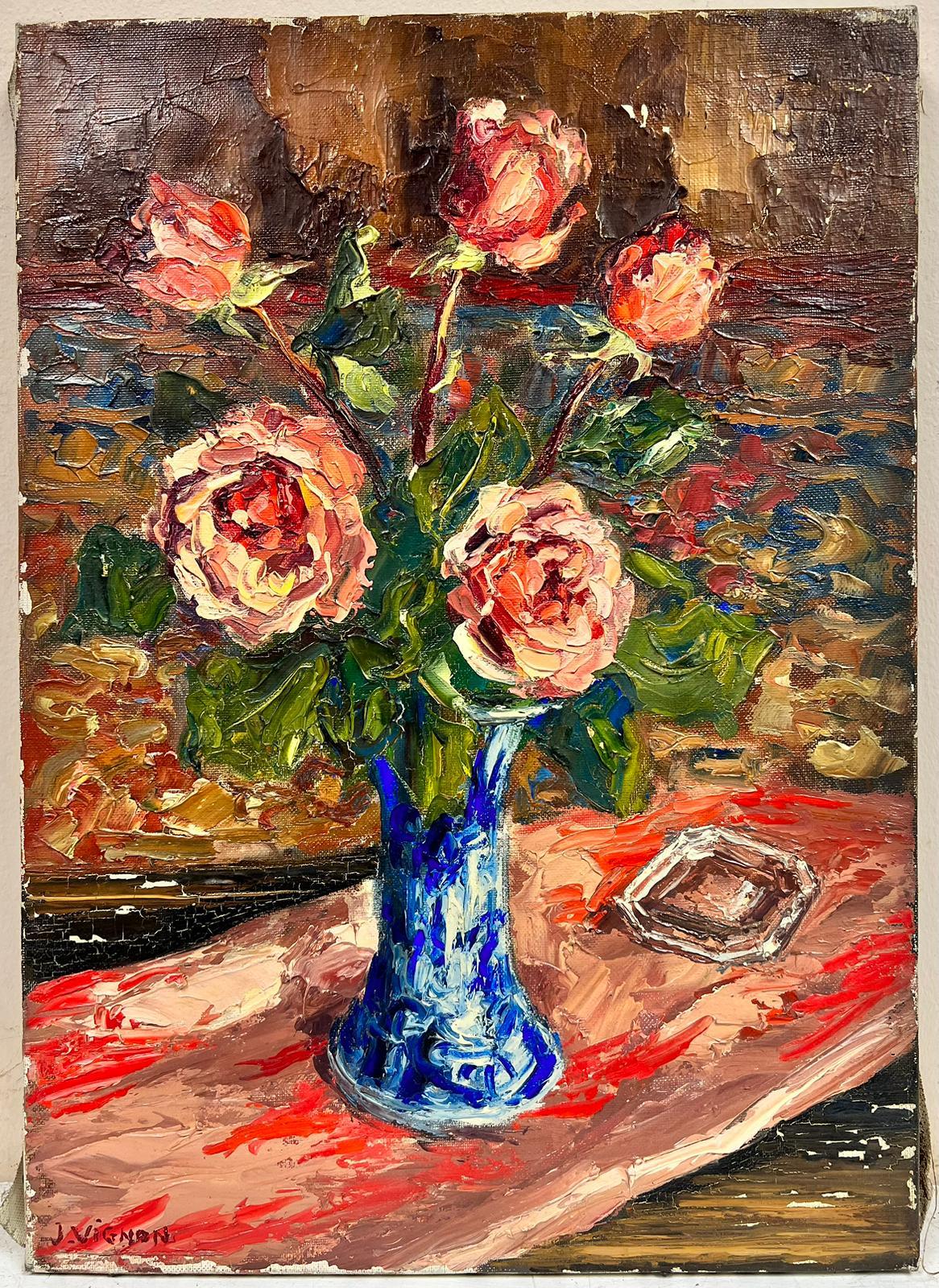 Rosas Rosa Brillante En Jarrón Azul Post Impresionista Firmado Óleo Grueso Impasto - Painting de Josine Vignon