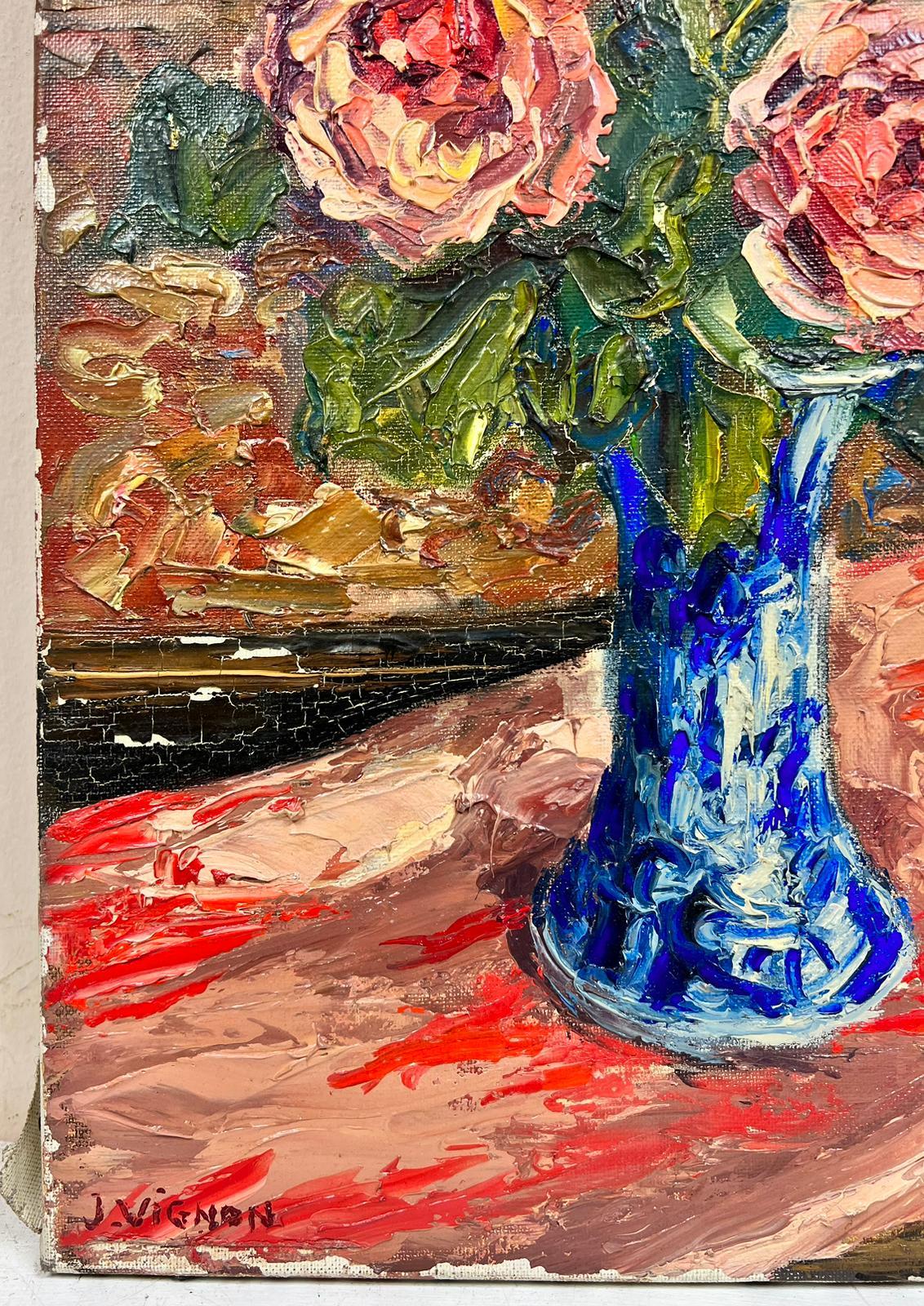 Rosas Rosa Brillante En Jarrón Azul Post Impresionista Firmado Óleo Grueso Impasto - Painting Posimpresionista de Josine Vignon