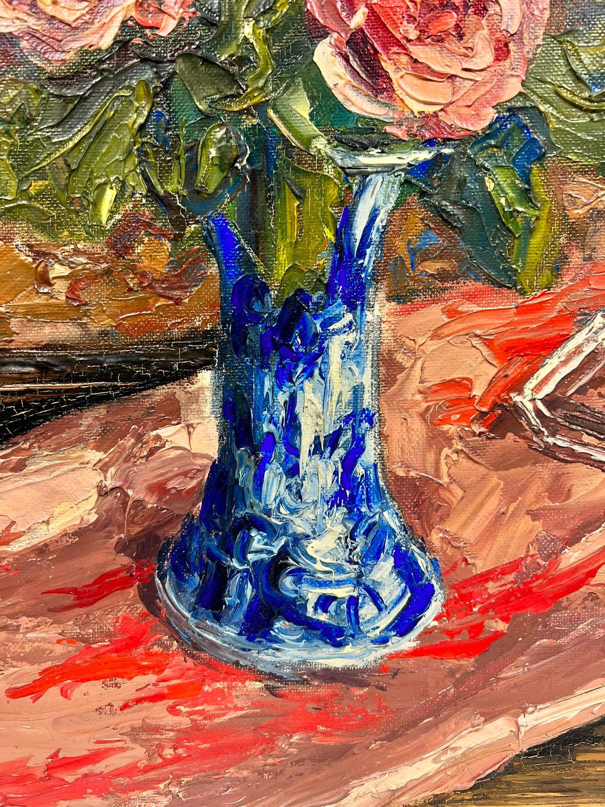 Bright Pink Roses In Blue Vase Post Impressionist Signed Thick Oil Impasto - Post-Impressionist Painting by Josine Vignon