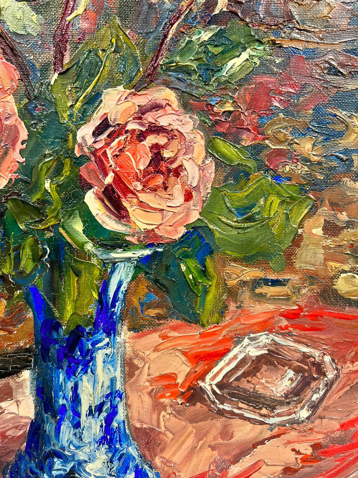 Roses In Vase
by Josine Vignon (French 1922-2022)
signed on front
oil painting on canvas, unframed

canvas: 18 x 13 inches

Colors: Blue colors, grey, beige, brown and white

Very good condition

Provenance: from the artists estate, France

Josine