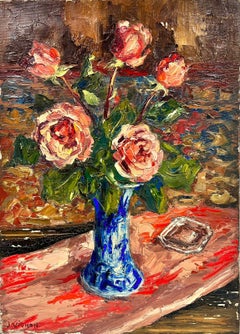 Bright Pink Roses In Blue Vase Post Impressionist Signed Thick Oil Impasto