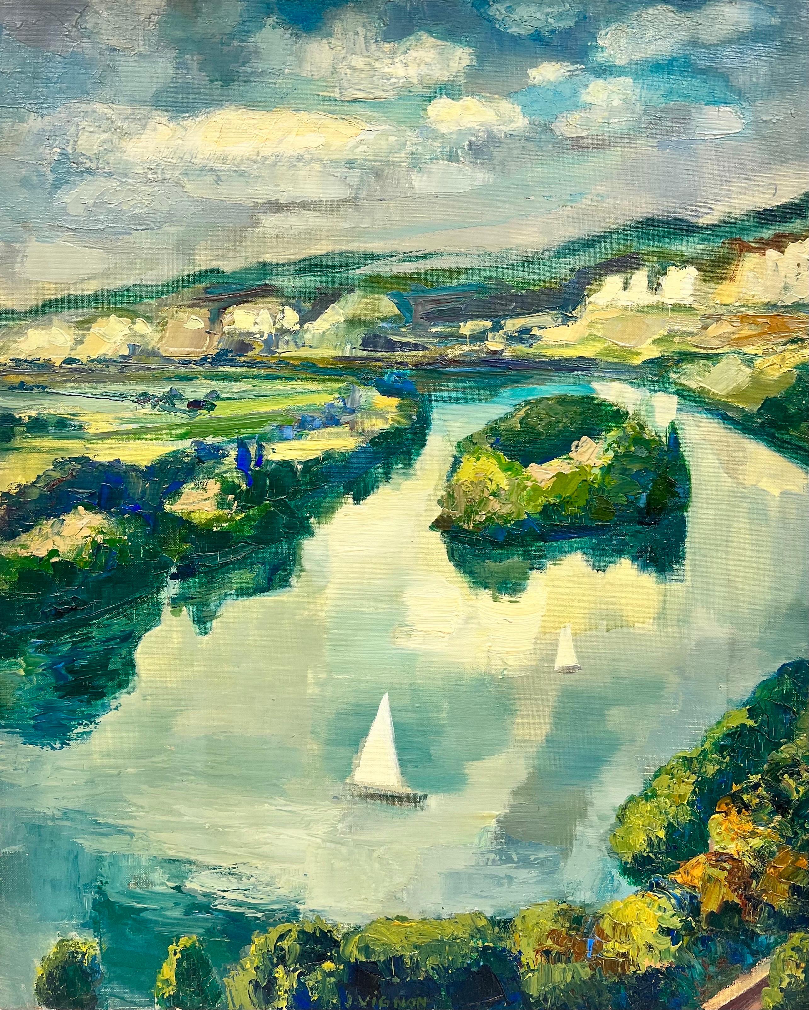 Josine Vignon Landscape Painting - Bright Summer Time Landscape Nautical Sail Boats Thick Impasto French Oil