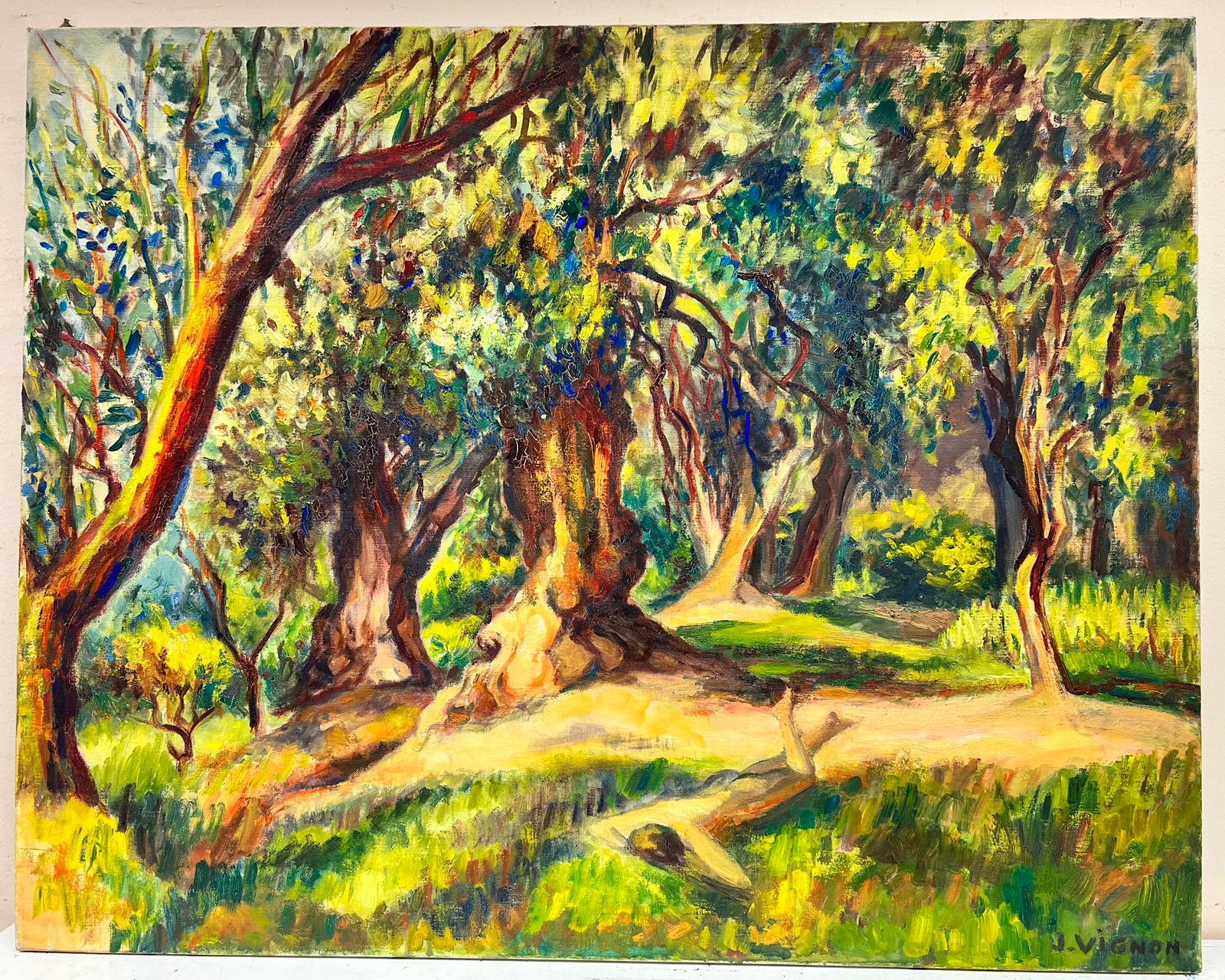 Leuchte Sommer-Holzlandschaft mit goldenem Licht, französisches impressionistisches Ölgemälde – Painting von Josine Vignon
