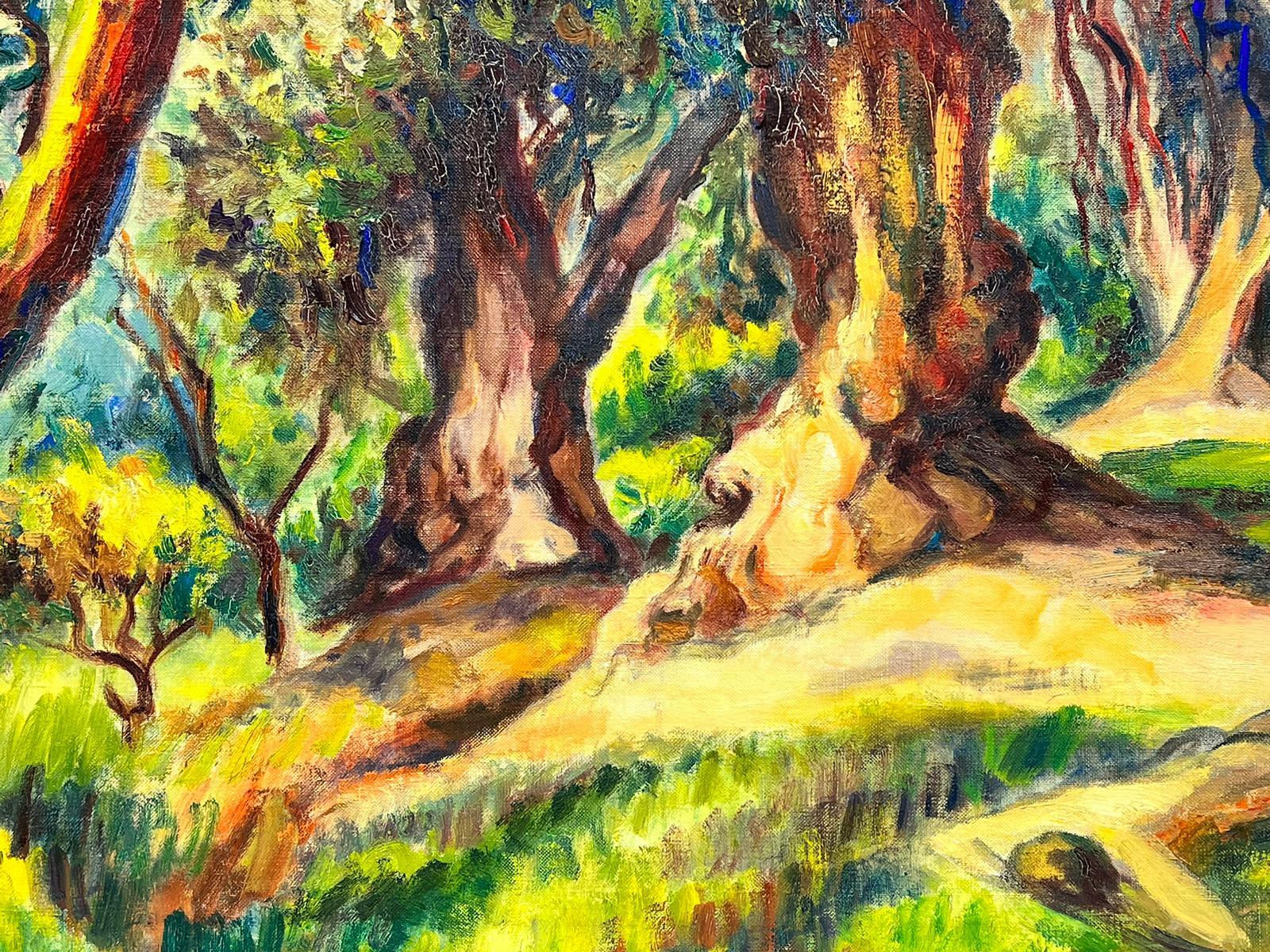 Leuchte Sommer-Holzlandschaft mit goldenem Licht, französisches impressionistisches Ölgemälde im Angebot 1