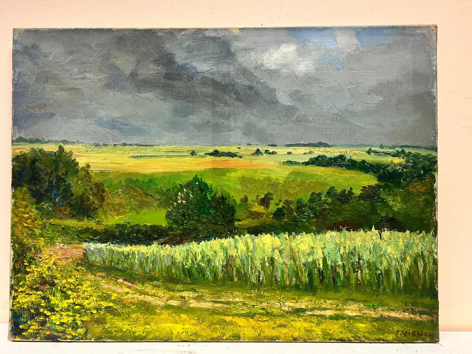 Paysage vert atmosphérique en brouillard Grande huile post-impressionniste française des années 1960 - Painting de Josine Vignon