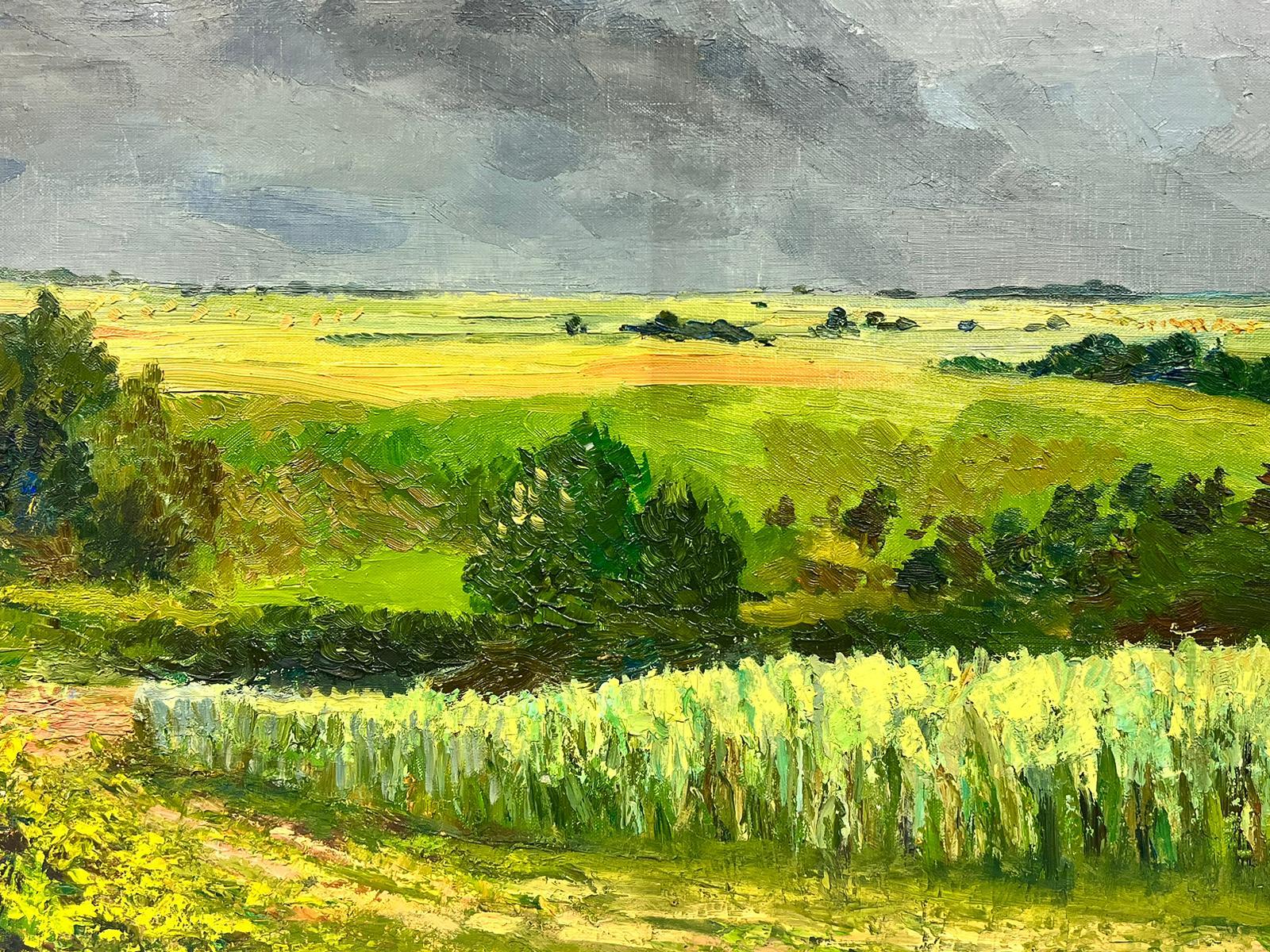 Brooding Green French Landscape (paysage français)
par Josine Vignon (française 1922-2022) 
signé
peinture à l'huile sur toile, non encadrée
toile : 21 x 29 pouces

Couleurs : Couleurs vertes, grises, jaunes et bleues

Très bon état.

Provenance :