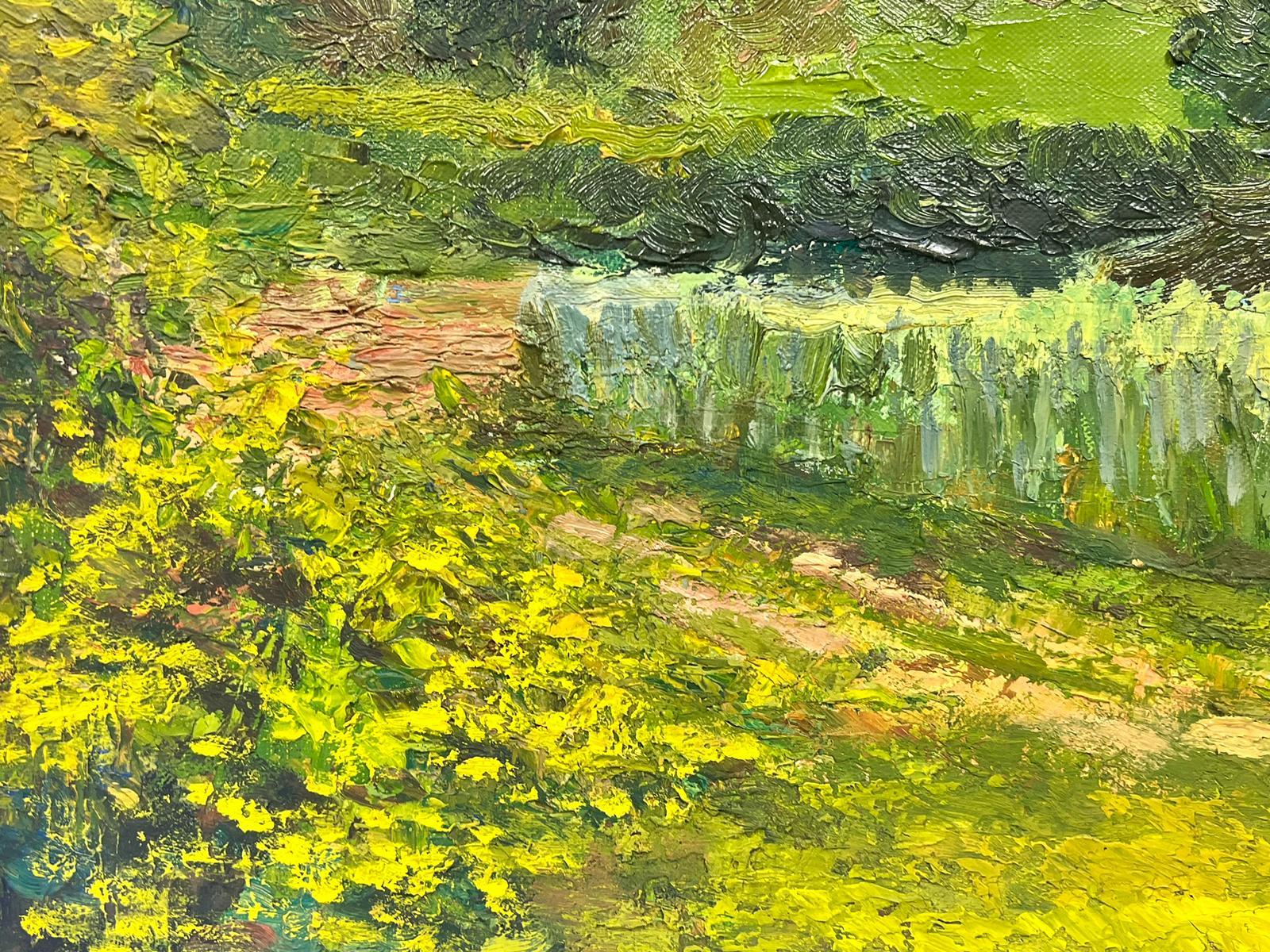 Paysage vert atmosphérique en brouillard Grande huile post-impressionniste française des années 1960 en vente 1