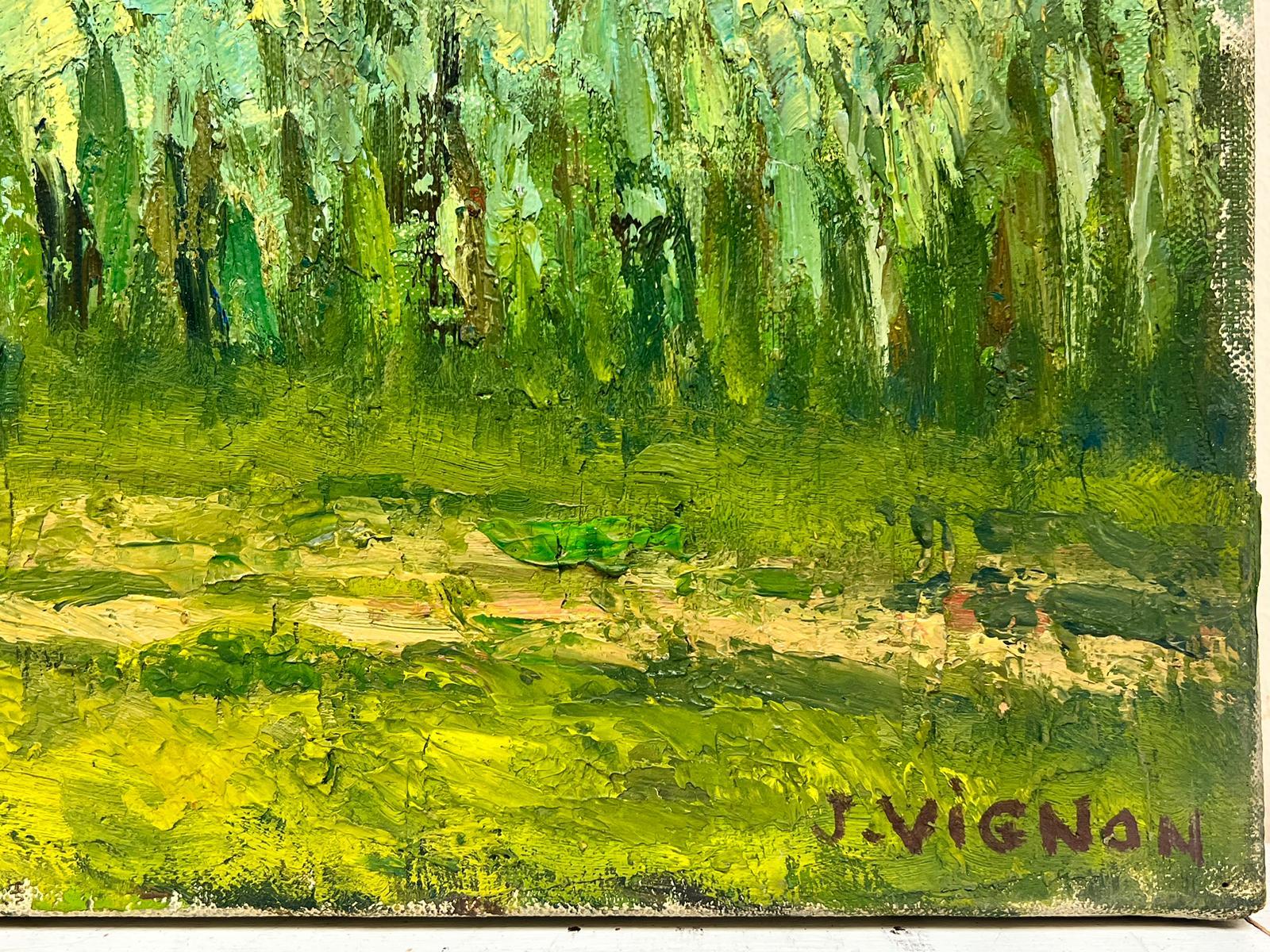Paysage vert atmosphérique en brouillard Grande huile post-impressionniste française des années 1960 en vente 2
