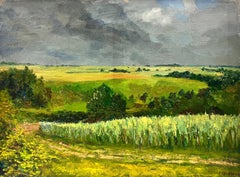 Paesaggio verde e atmosferico, enorme olio post impressionista francese del 1960