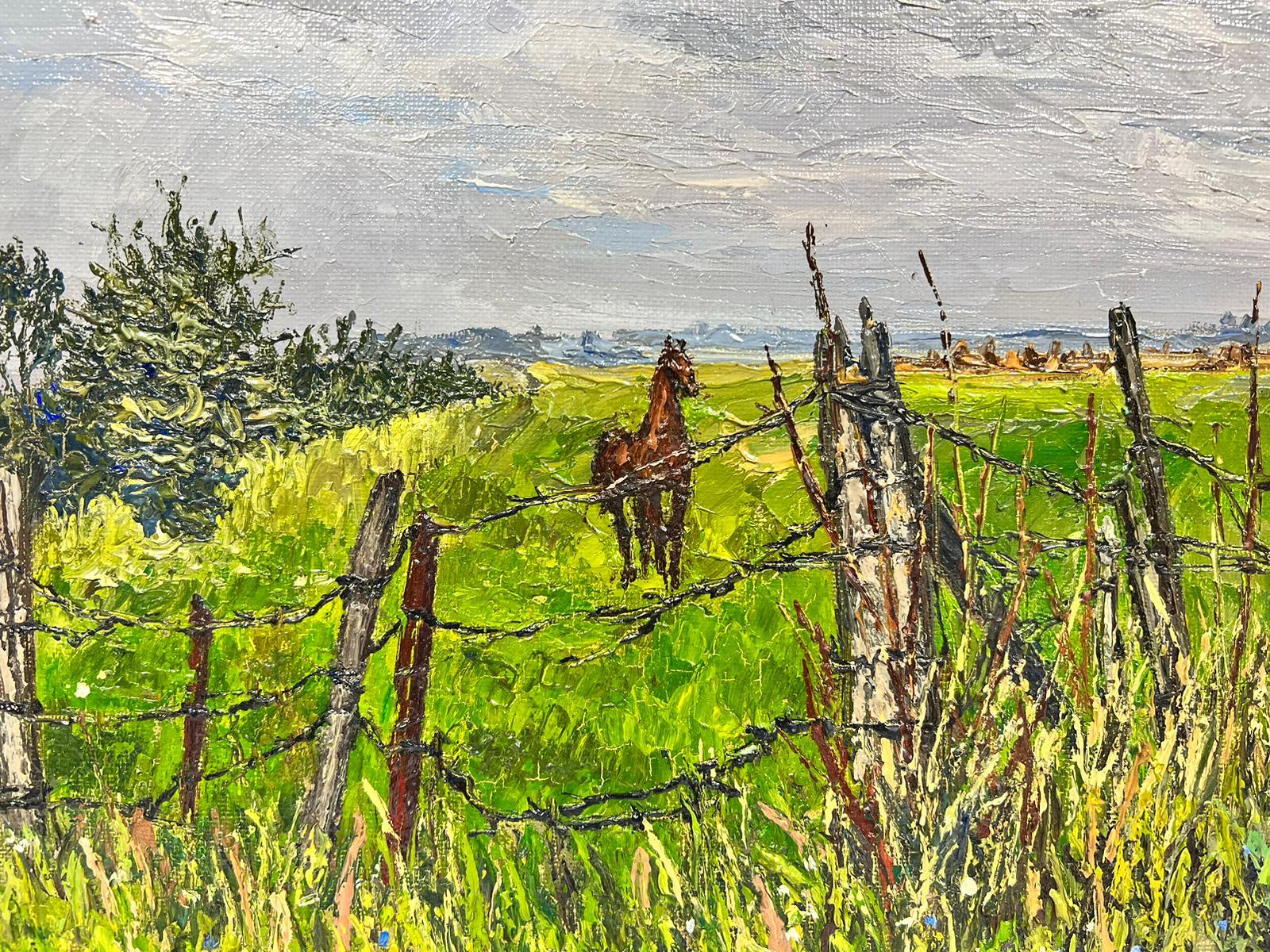 Brown Arabian Horse In Wired Green Field Thick Oil Impasto - Post-Impressionist Painting by Josine Vignon