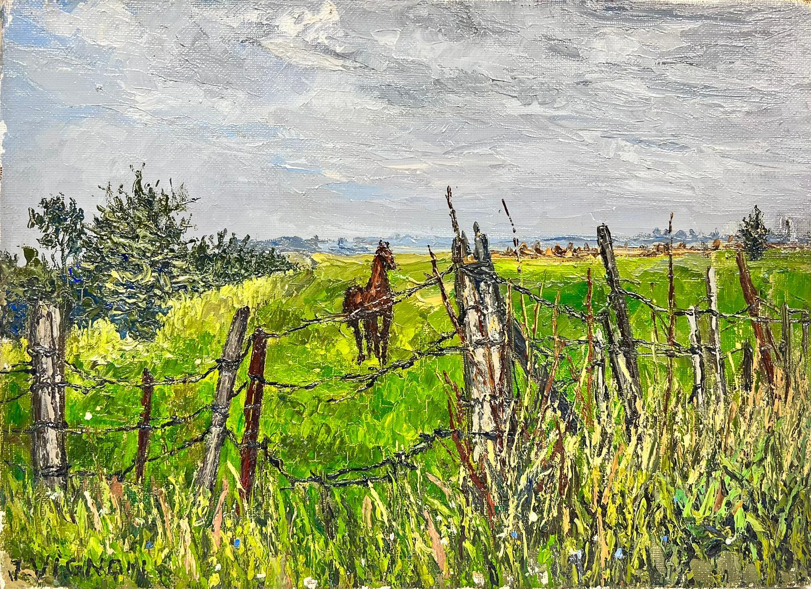 Josine Vignon Landscape Painting – Braunes arabisches Pferd in verdrahtetem grünem Feld, dickes Öl Impasto