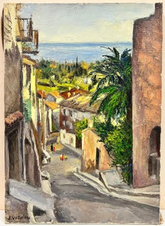 Cagnes Sur Mer 1960's French Post Impressionist Signed Oil Coastal View & Town