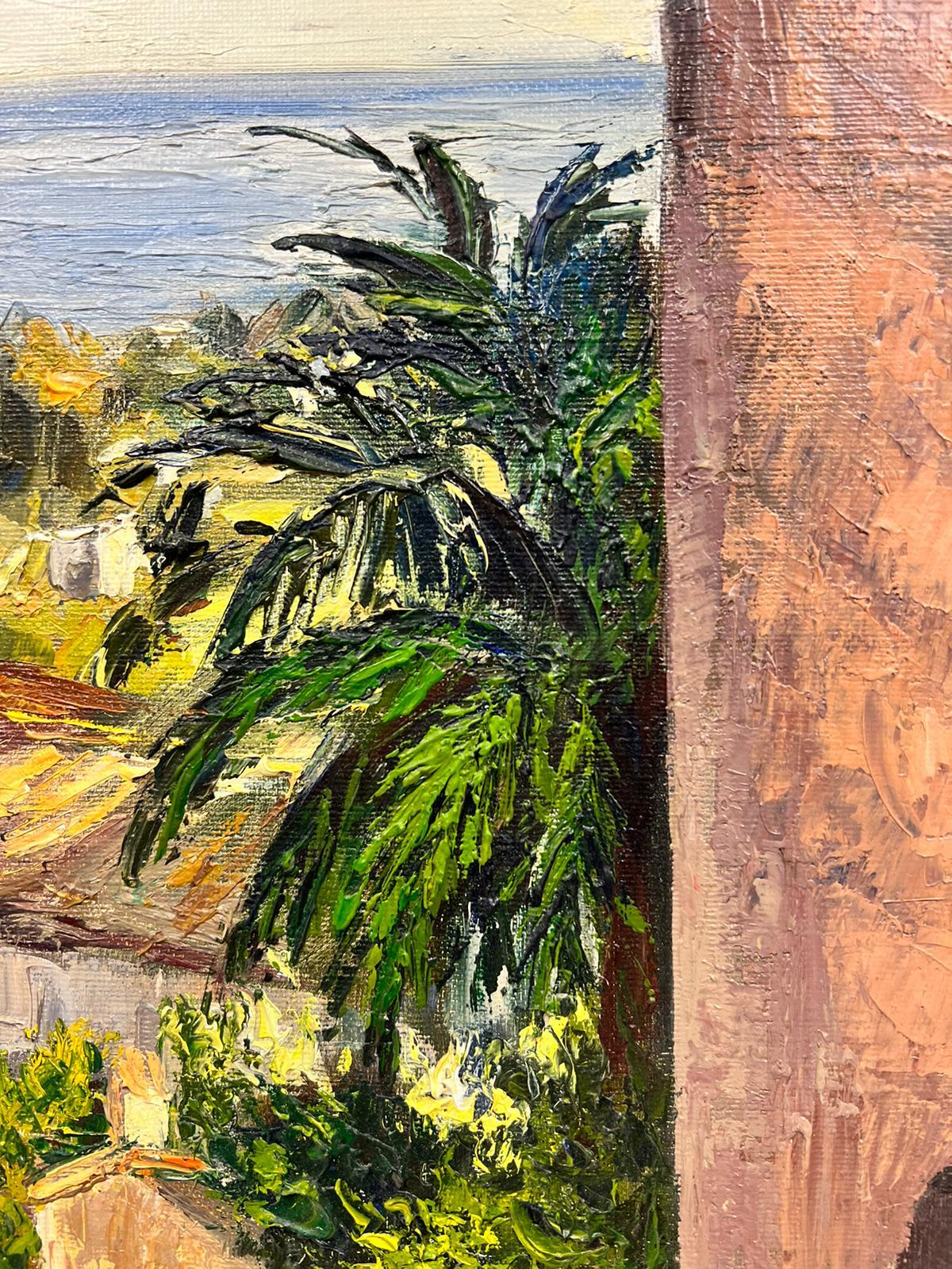 Cagnes Sur Mer 1960's Óleo francés postimpresionista firmado Vista costera y ciudad en venta 1