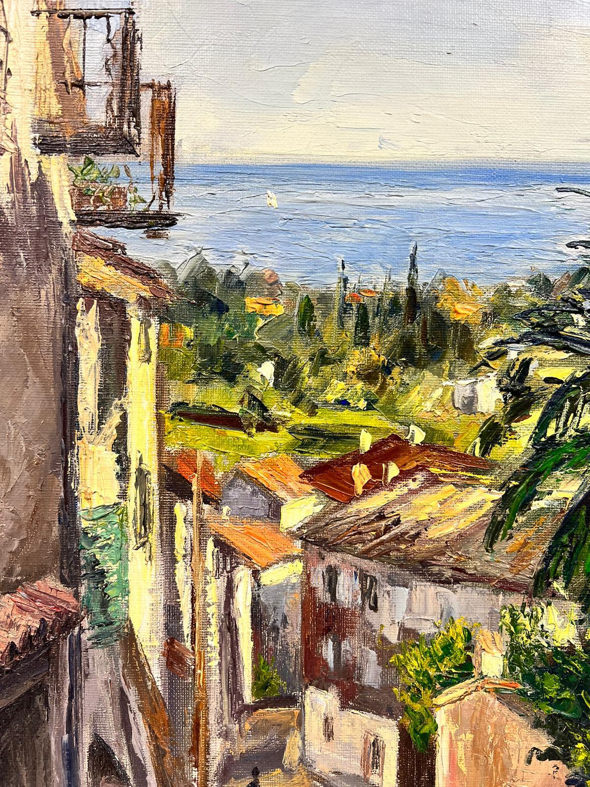 Cagnes Sur Mer 1960's French Post Impressionist Signed Oil Coastal View & Town For Sale 1