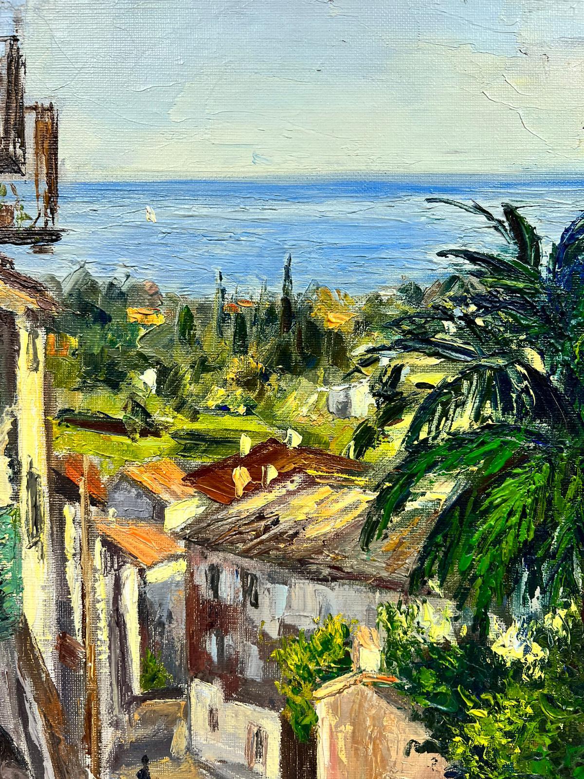 Cagnes Sur Mer 1960's French Post Impressionist Signed Oil Coastal View & Town For Sale 2
