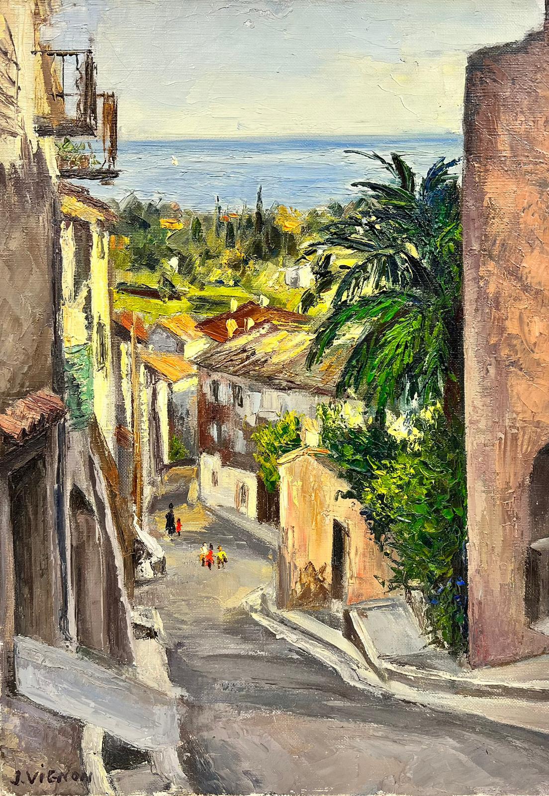 Cagnes Sur Mer 1960's French Post Impressionist Signed Oil Coastal View & Town
