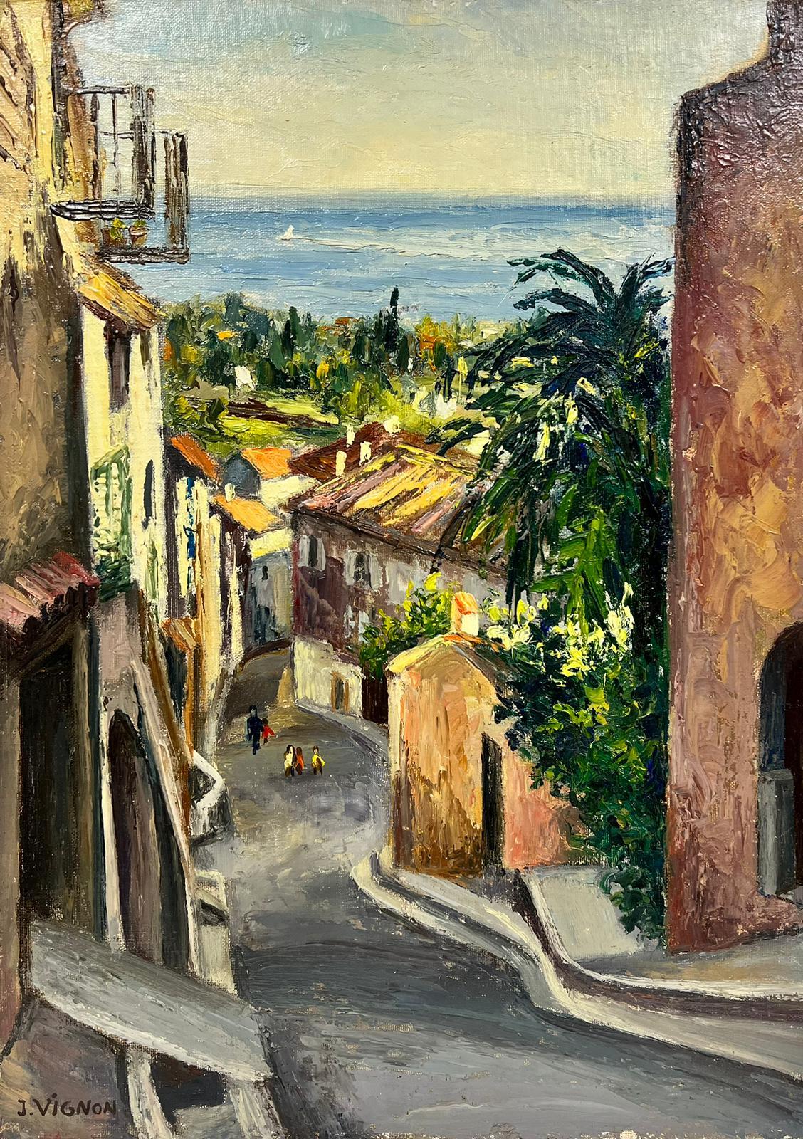 Josine Vignon Figurative Painting - Cagnes Sur Mer French Exotic Town Post Impressionist Signed Thick Oil Impasto