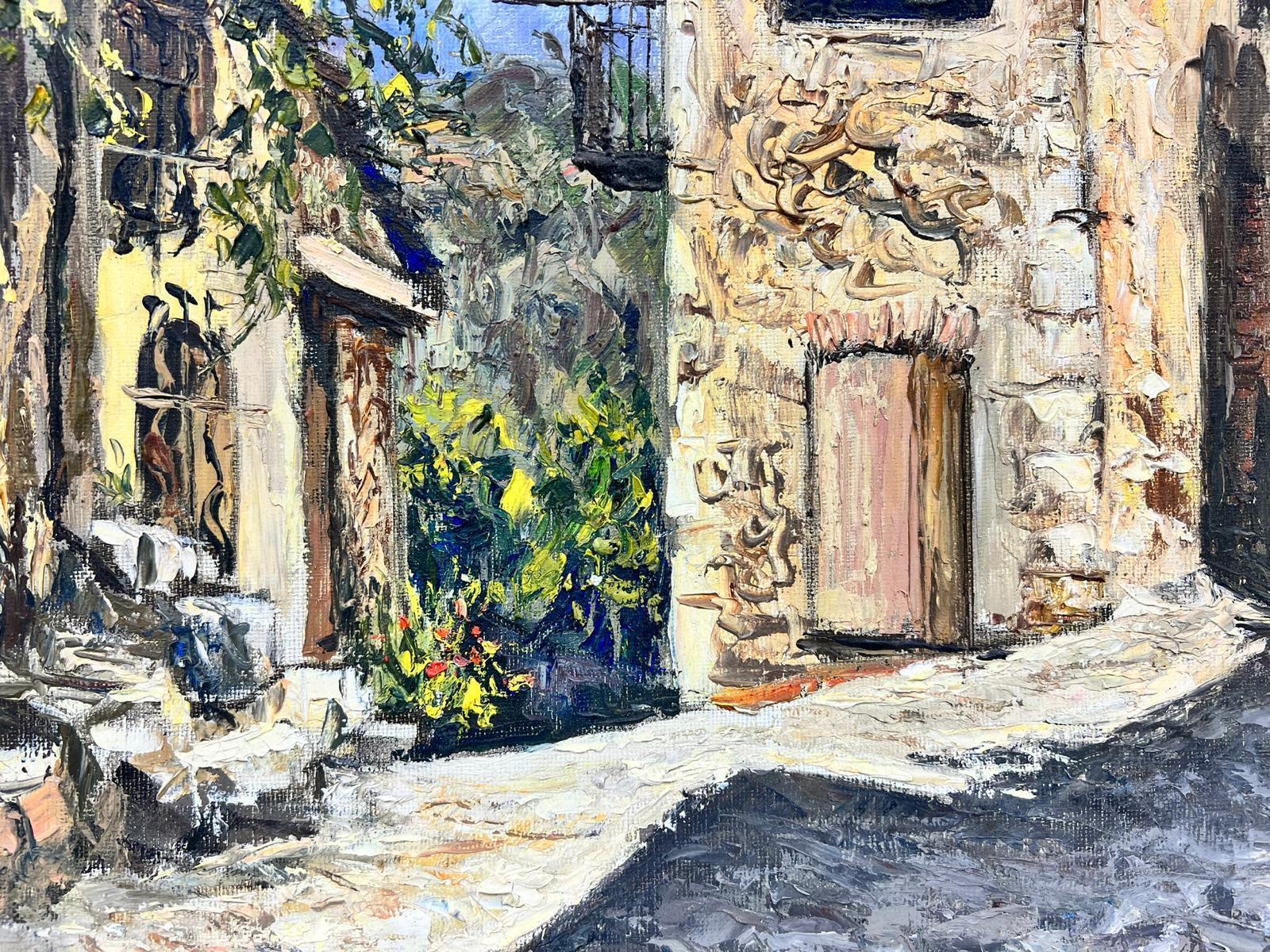 Cagnes Sur Mer Viejo pueblo francés de piedra Post impresionista Firmado Óleo grueso Impasto - Landscape Painting Beige de Josine Vignon