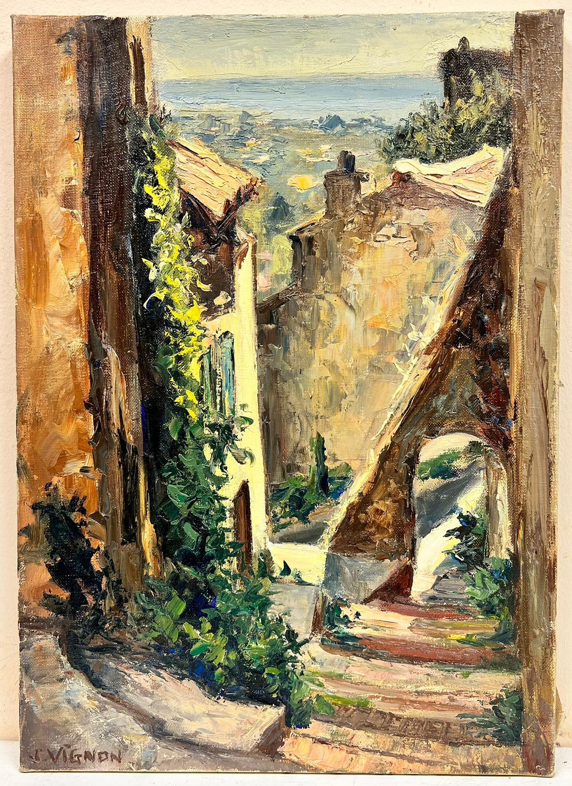 Cagnes Sur Mer Centro storico con vista sul mare Post Impressionista francese - Painting di Josine Vignon