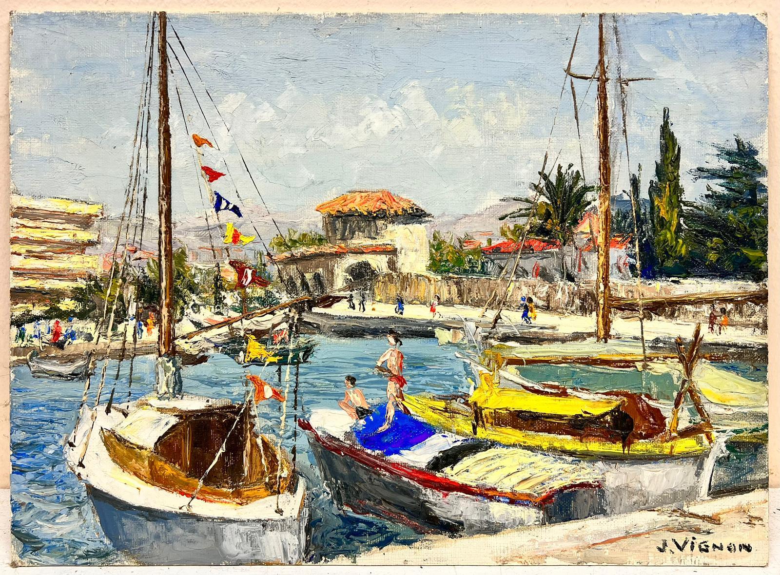 Cagnes Sur Mer Summer Day At The Harbour Thick Oil Impasto - Painting by Josine Vignon