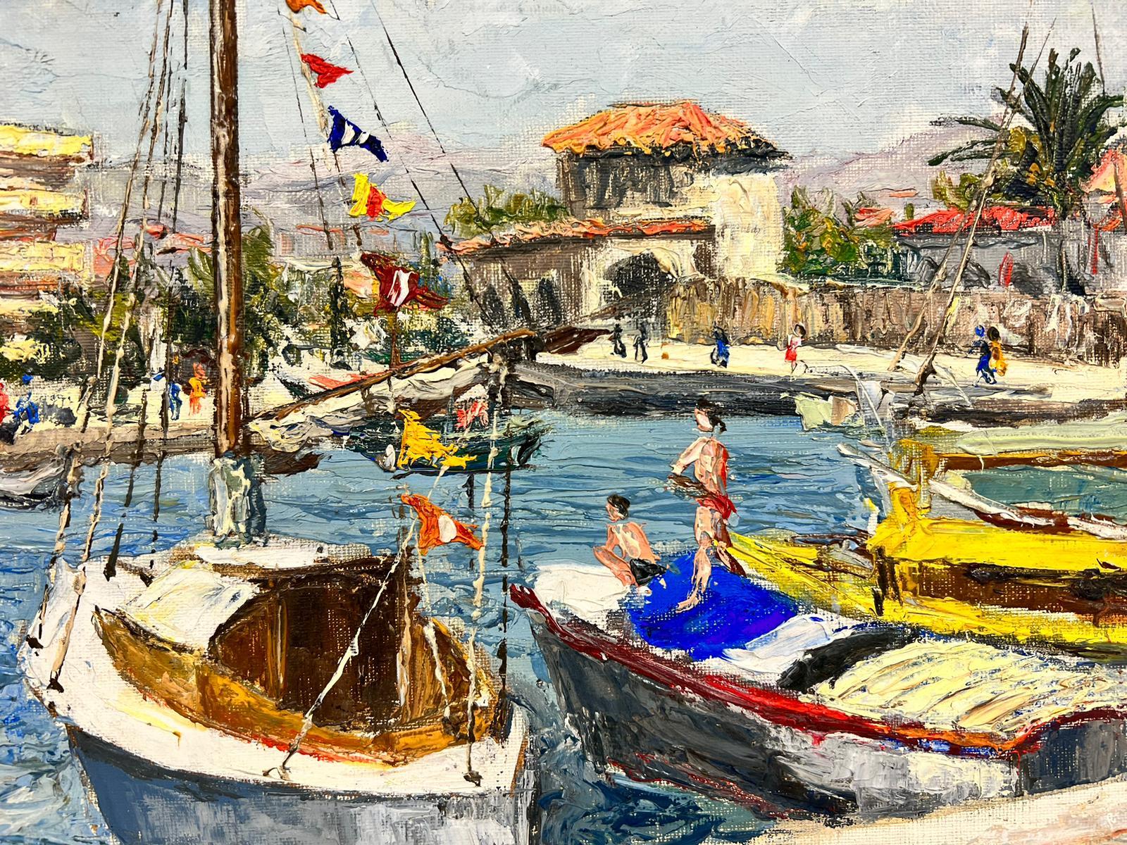 Cagnes Sur Mer Summer Day At The Harbour Thick Oil Impasto - Post-Impressionist Painting by Josine Vignon