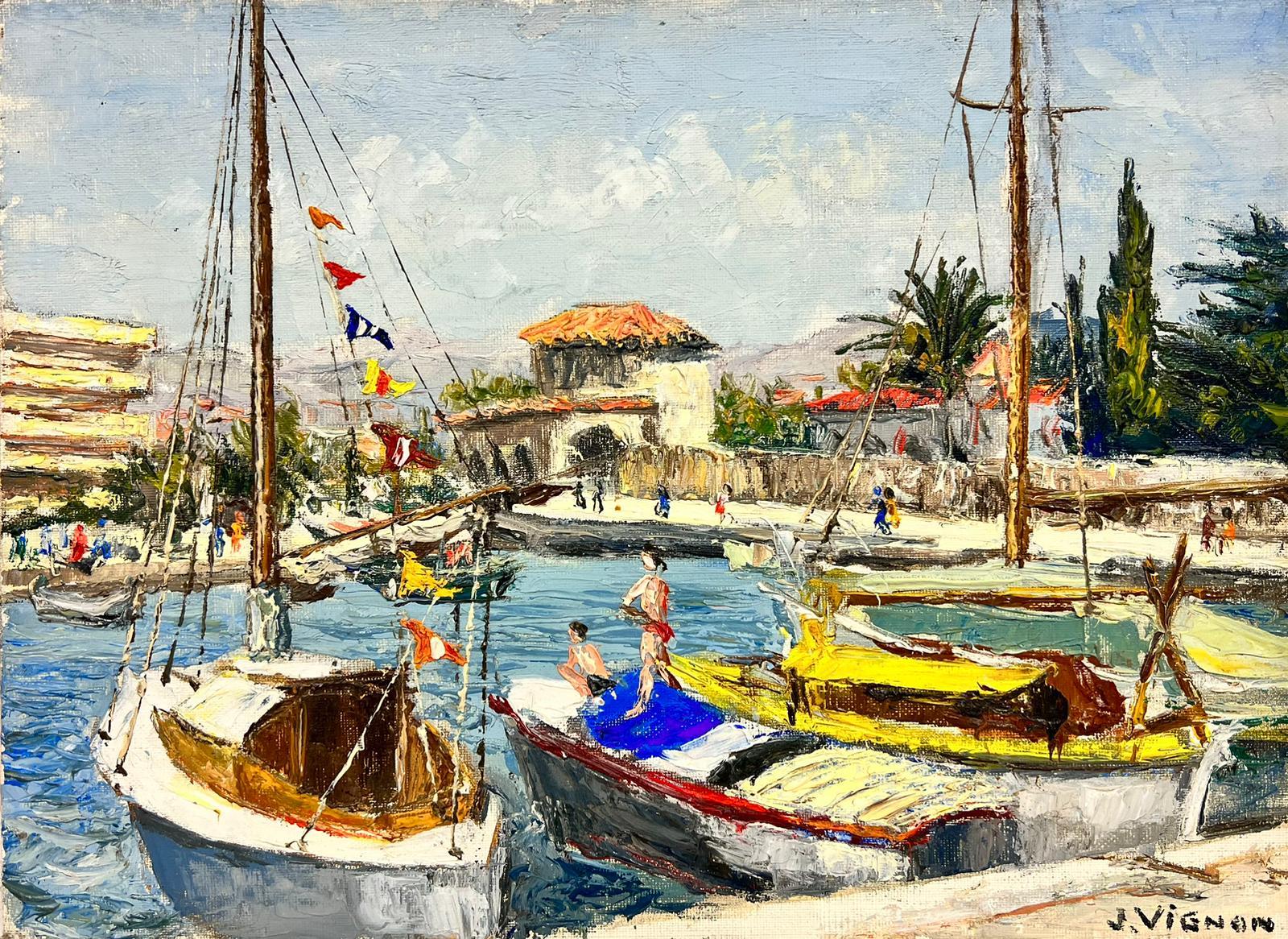 Landscape Painting Josine Vignon - Cagnes Sur Mer Journée d'été au port Huile épaisse Impasto