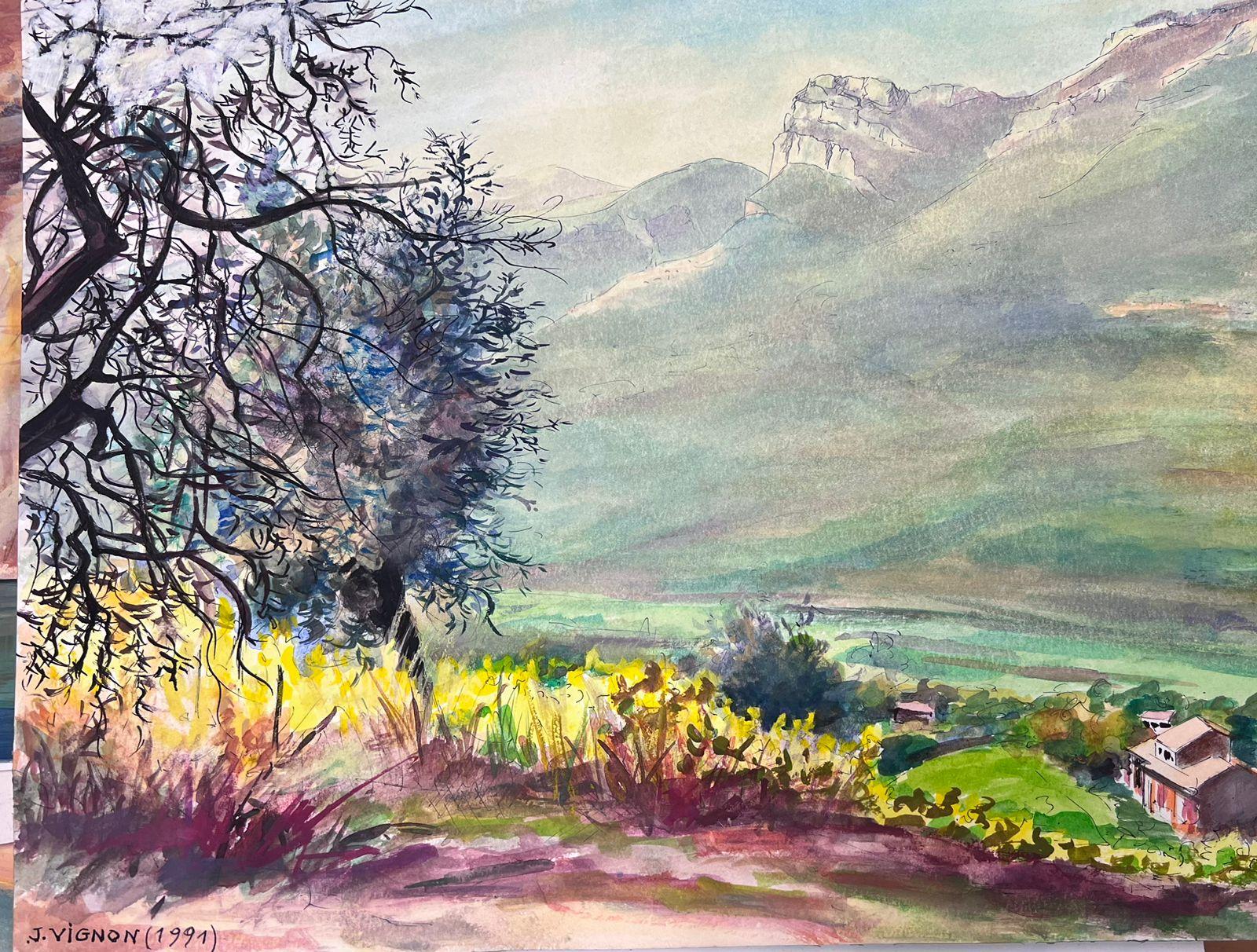 Accattivante paesaggio ad acquerello di una valle montana con alberi in fiore - Art di Josine Vignon