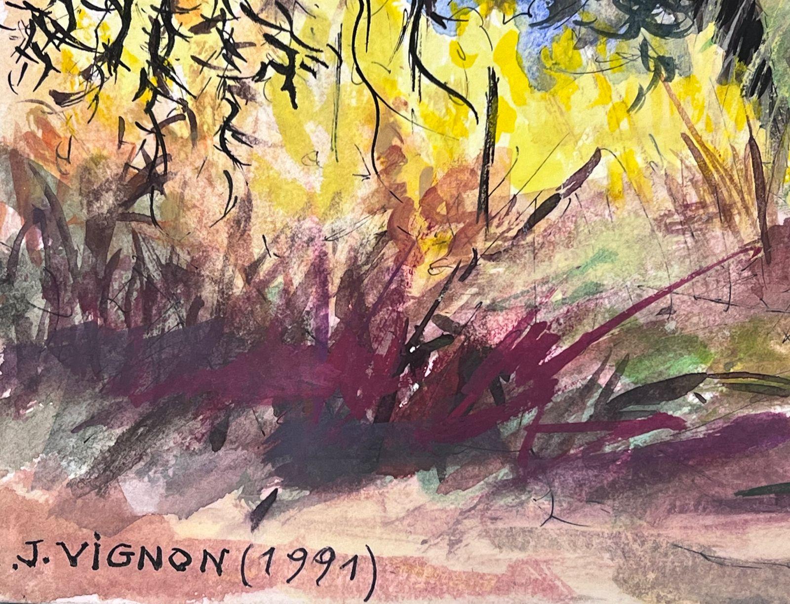 Accattivante paesaggio ad acquerello di una valle montana con alberi in fiore - Art Impressionismo di Josine Vignon