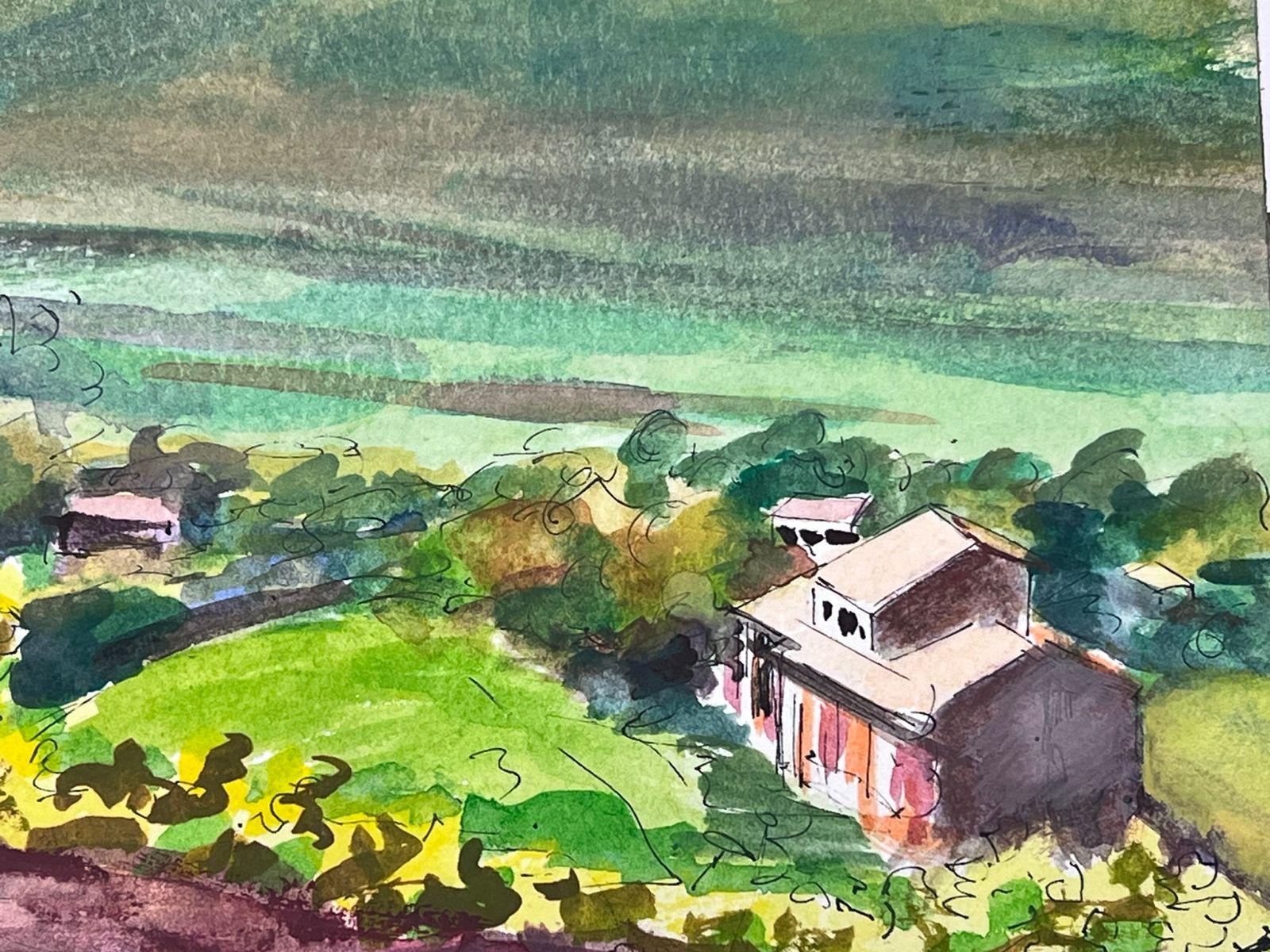 Accattivante paesaggio ad acquerello di una valle montana con alberi in fiore - Landscape Art Grigio di Josine Vignon