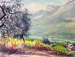 Bezaubernde Aquarelllandschaft eines Bergtals mit blühenden Bäumen