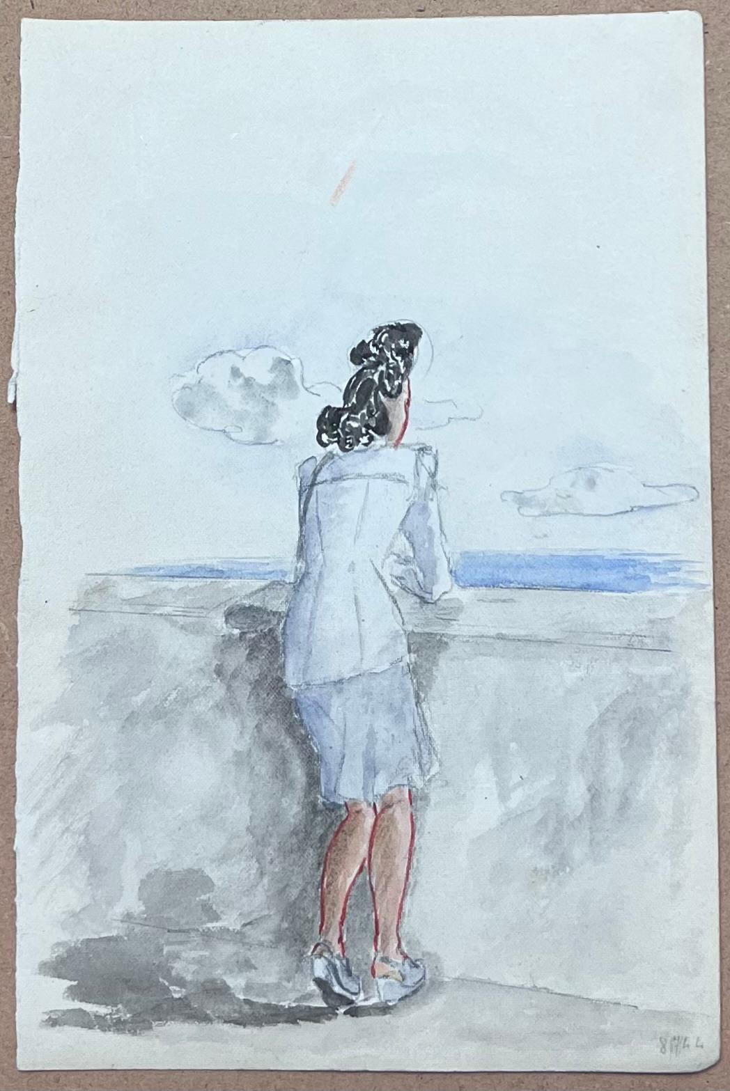 Signora elegante in abito blu che guarda il mare Acquerello francese del metà del secolo scorso - Painting di Josine Vignon