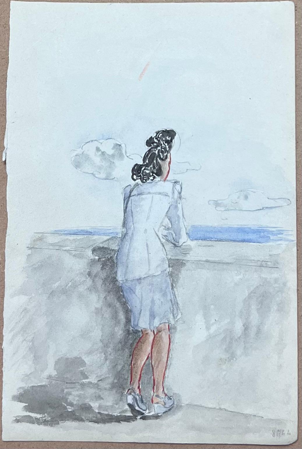 Signora elegante in abito blu che guarda il mare Acquerello francese del metà del secolo scorso - Painting Postimpressionismo di Josine Vignon