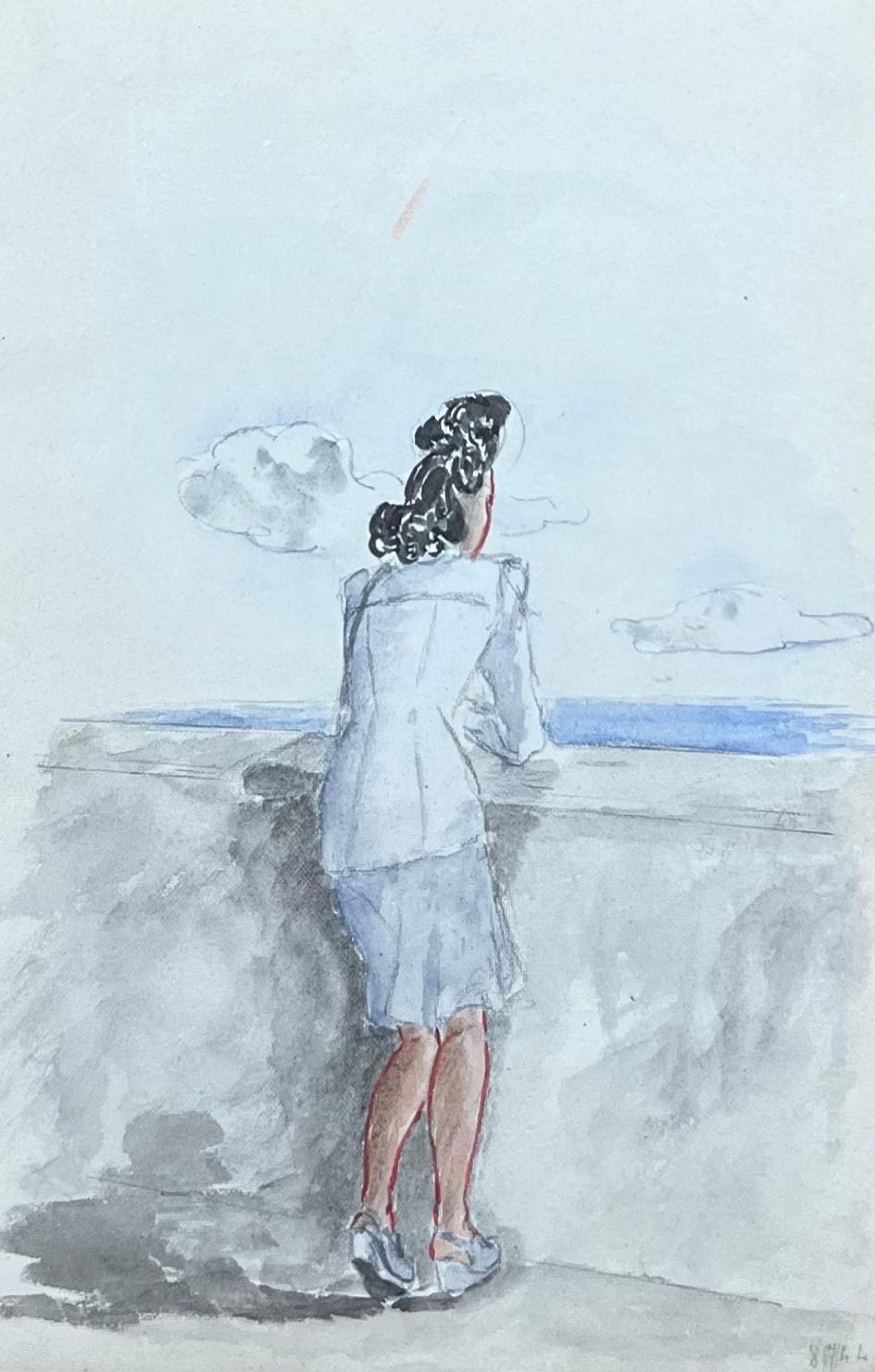 Figurative Painting di Josine Vignon - Signora elegante in abito blu che guarda il mare Acquerello francese del metà del secolo scorso